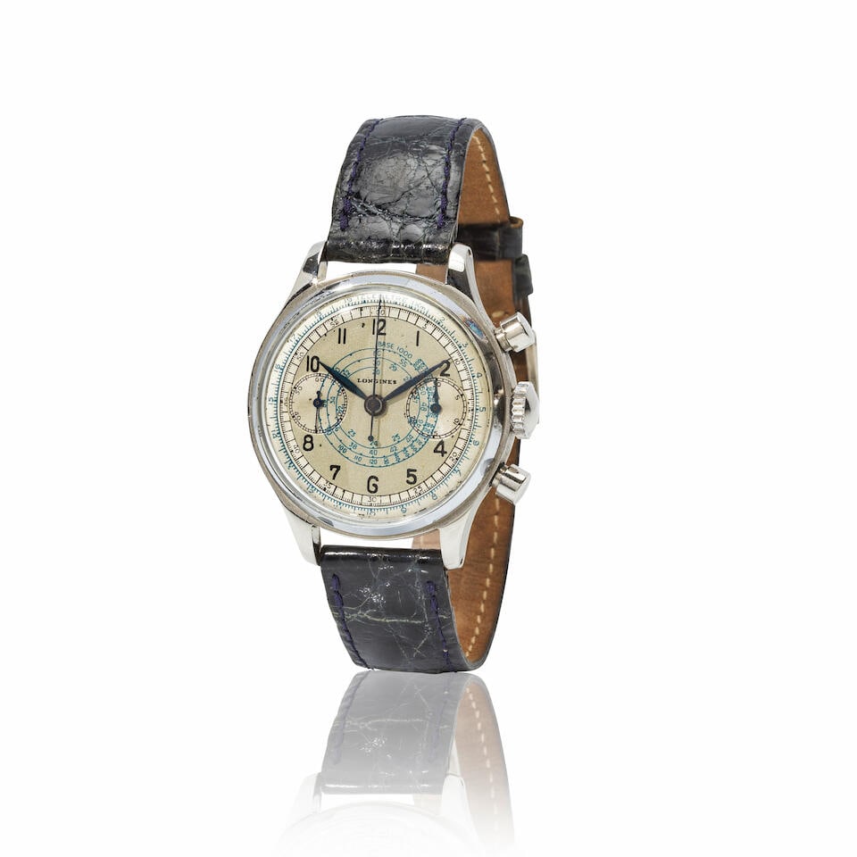 Longines. A stainless steel manual wind chronograph wristwatch Longines. Chronographe bracelet e...: Longines. A stainless steel manual wind chronograph wristwatch Longines. Chronographe bracelet en acier mouvement mécanique Date: Circa 1940 Movement: 17-jewel Cal.13ZN manual wind, column wheel