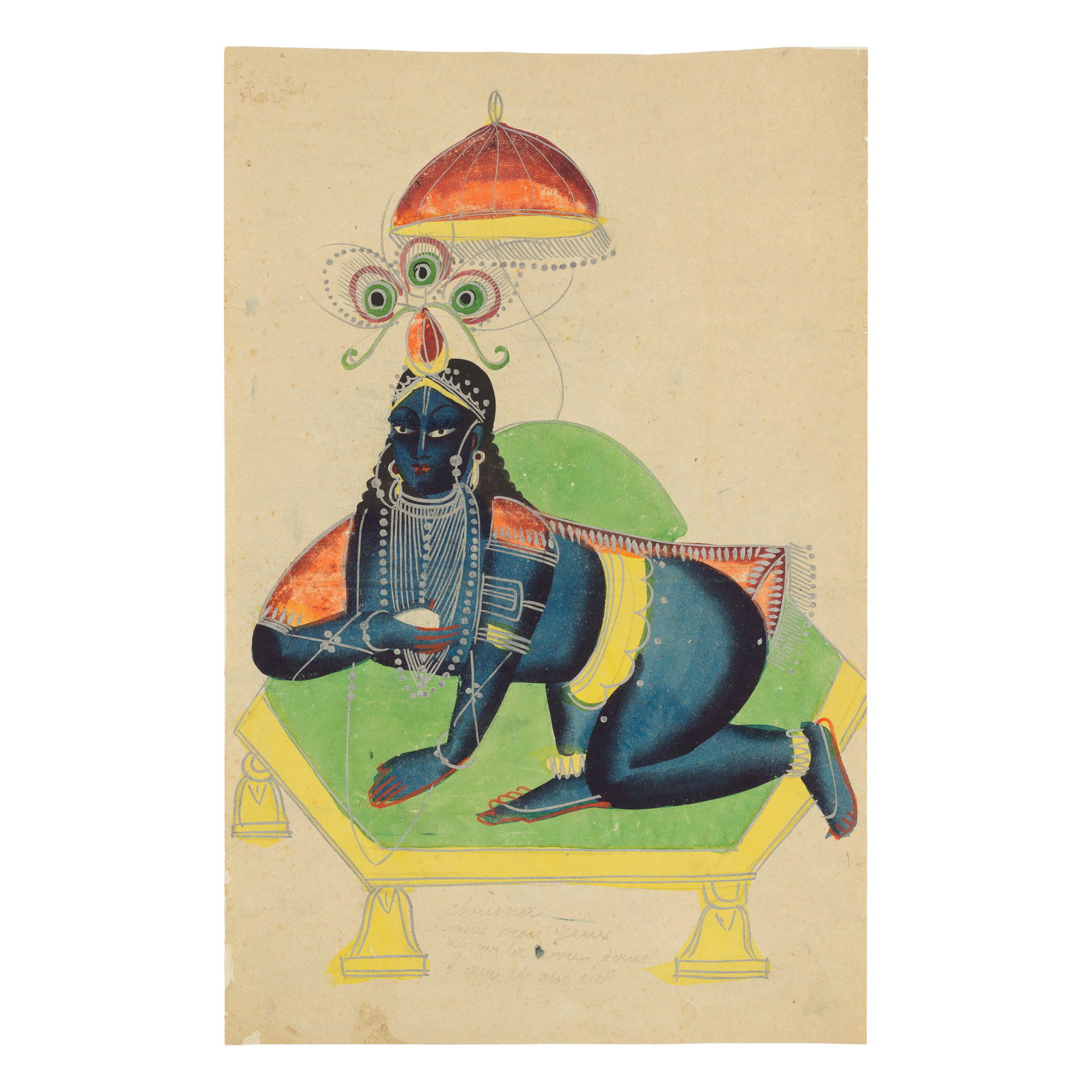 Krishna as a child on a dais Kalighat, Calcutta, circa 1860-70: Krishna as a child on a dais Kalighat, Calcutta, circa 1860-70 pencil, watercolour and silver paint on paper laid down on a modern sheet, French inscriptions in pencil 450 x 278 mm.