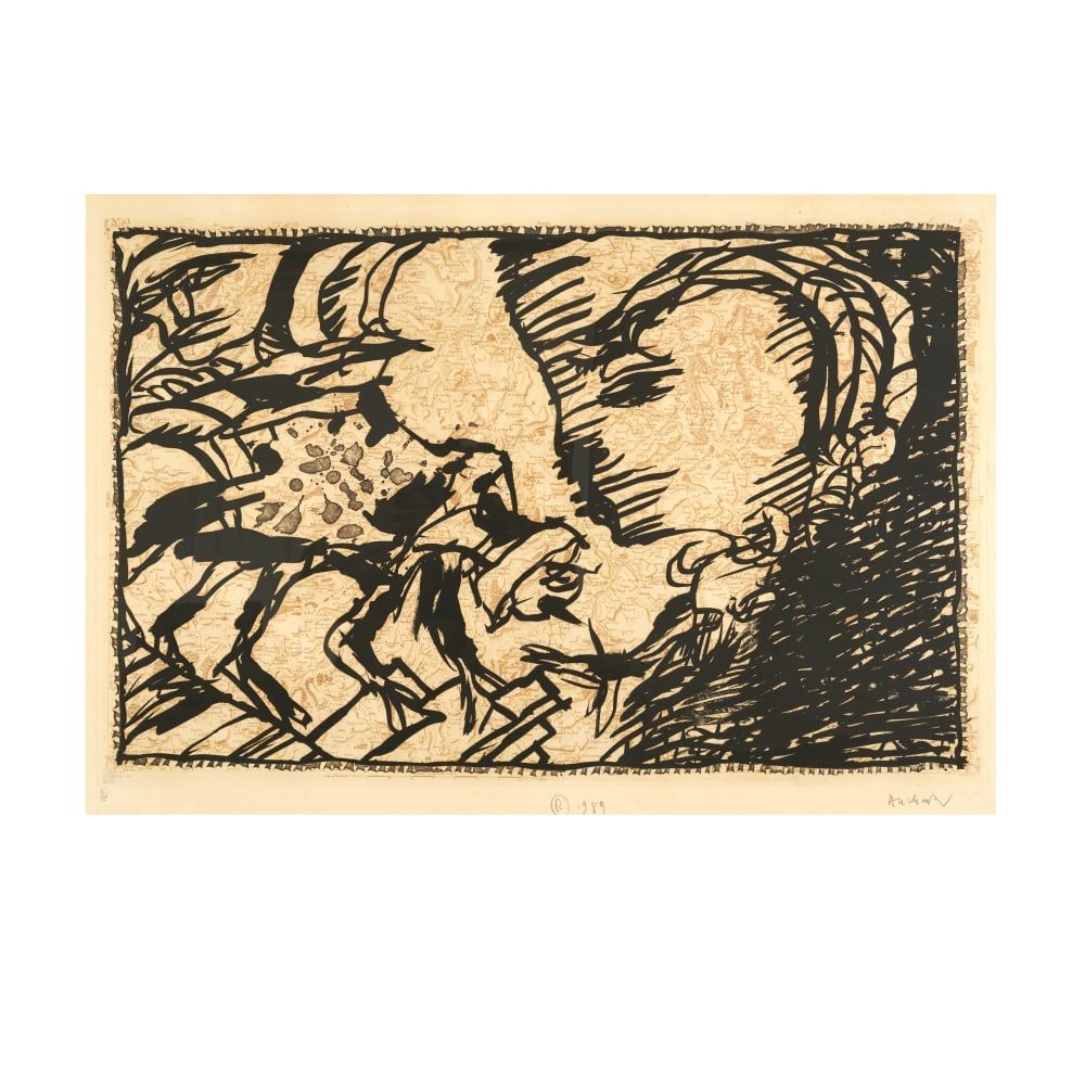 PIERRE ALECHINSKY (NE EN 1927) Le retour au foyer, sur l'écorce G, 1989 Eau-forte sur facsi...: PIERRE ALECHINSKY (NE EN 1927) Le retour au foyer, sur l'écorce G, 1989 Eau-forte sur facsimilé de carte militaire issue de la série l'Ecorce Signée, titrée, datée et num