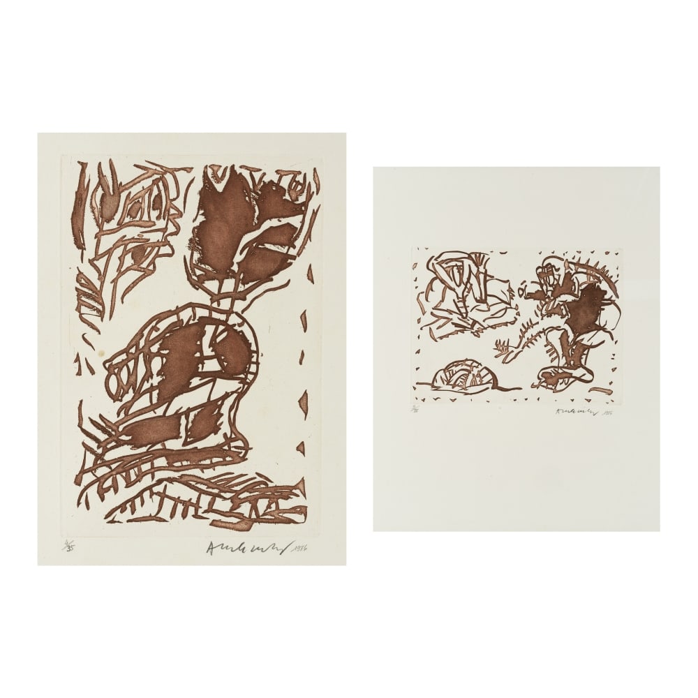 PIERRE ALECHINSKY (NE EN 1927) Sans titre, 1986 (Ceuleers & Van de Velde, 74)Ensemble de deux e...: PIERRE ALECHINSKY (NE EN 1927) Sans titre, 1986 (Ceuleers & Van de Velde, 74) Ensemble de deux eaux-fortes et aquatintes en couleurs Tirées de l'ouvrage Poèmes à voir de Jean Tardieu, &