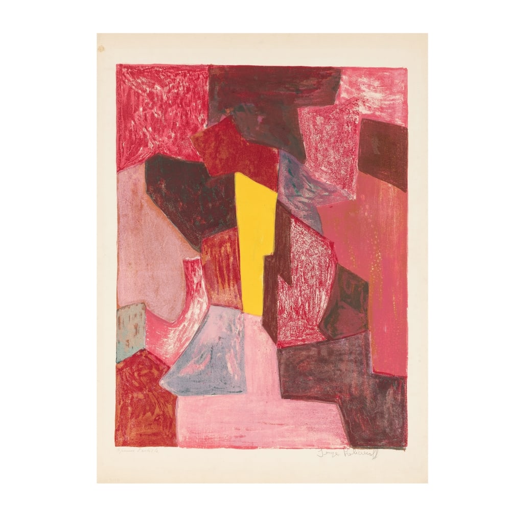 SERGE POLIAKOFF (1900-1969) Composition rouge, carmin et jaune, 1958 (Rivière, 19)Lithograp...: SERGE POLIAKOFF (1900-1969) Composition rouge, carmin et jaune, 1958 (Rivière, 19) Lithographie en 6 couleurs sur vélin de Rives Epreuve d'artiste signée et annotée (+ 125 épr