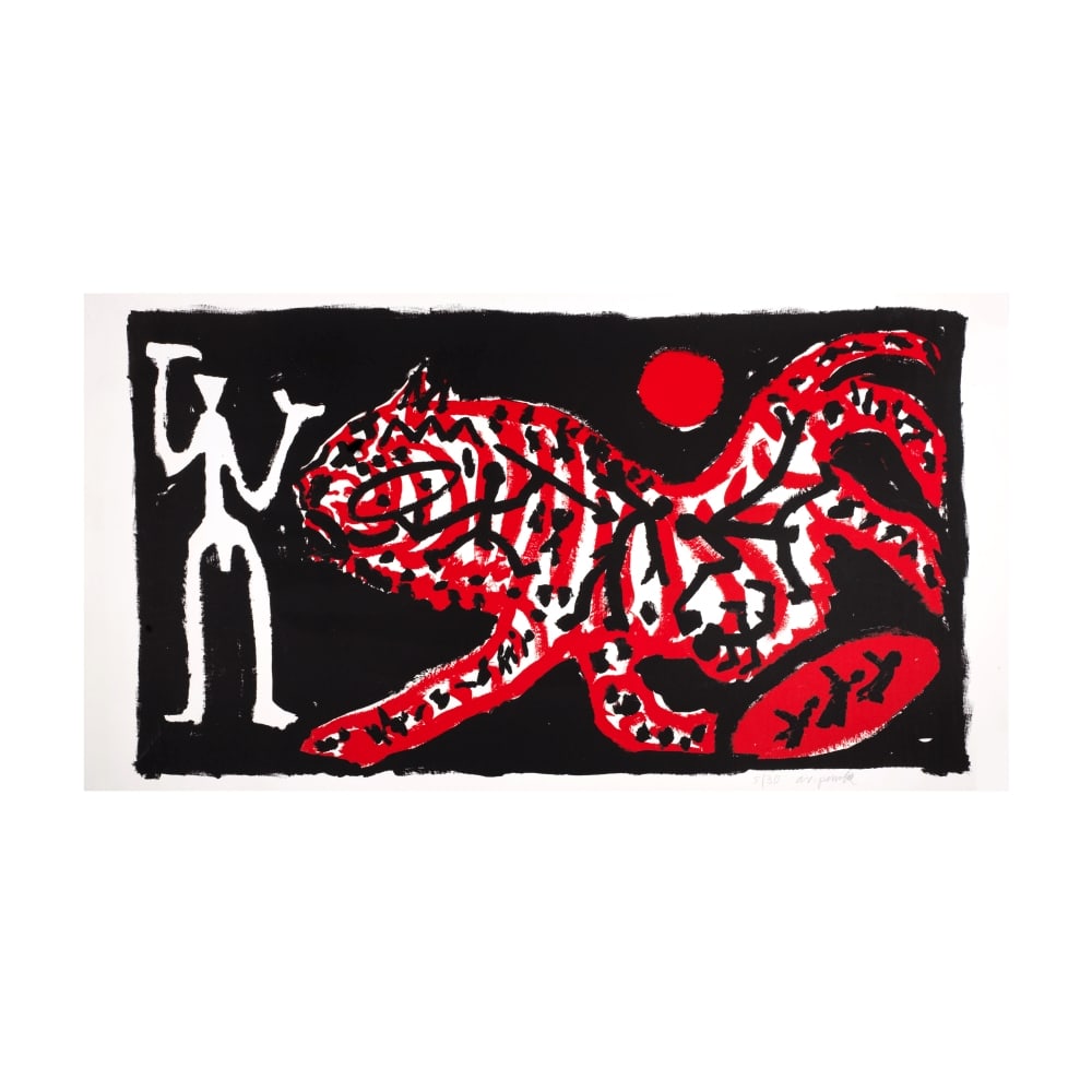 A. R. PENCK (1939-2017) Tiger und Jäger, circa 1990 Sérigraphie en couleursSignée...: A. R. PENCK (1939-2017) Tiger und Jäger, circa 1990 Sérigraphie en couleurs Signée et numérotée 5/30 129,7 x 251,9 cm Silkscreen in colors, signed and numbered 5/30 This lot i