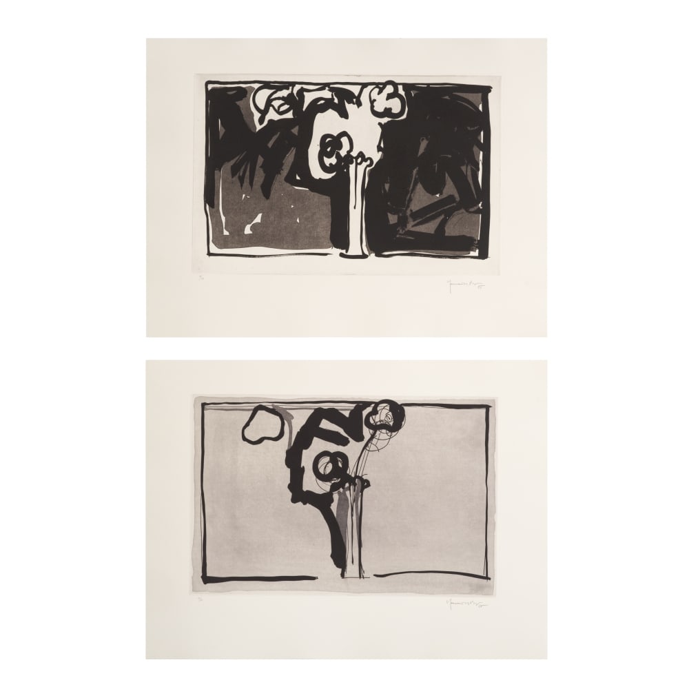 JOAN HERNÁNDEZ PIJUÁN (1931-2005) Fleurs I et Fleurs II, 1985 (Poligrafa, 207 et 208)D...: JOAN HERNÁNDEZ PIJUÁN (1931-2005) Fleurs I et Fleurs II, 1985 (Poligrafa, 207 et 208) Deux eaux-fortes et aquatintes sur papier Guarro Signées et numérotées 9/50 Editées