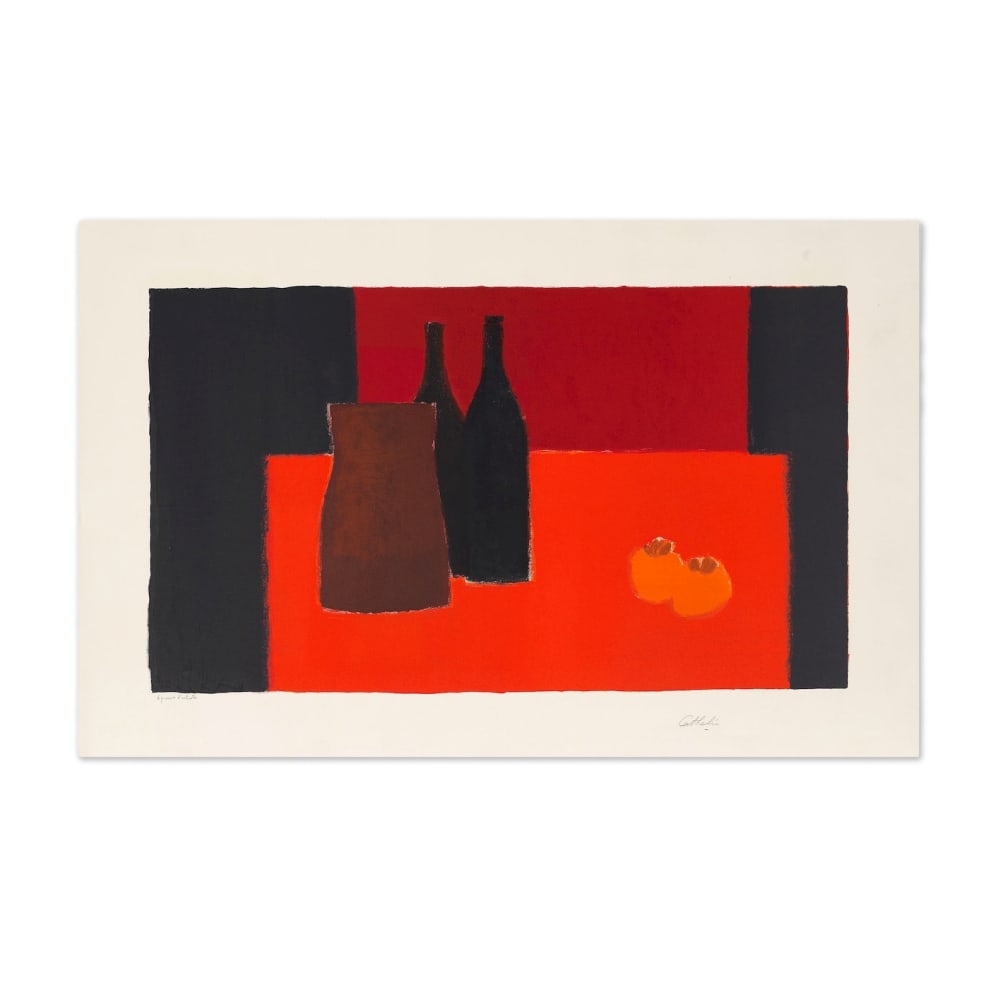 BERNARD CATHELIN (1919-2004) Grande nature morte rouge et noire aux kakis, 1988 (Passeron, 254)L...: BERNARD CATHELIN (1919-2004) Grande nature morte rouge et noire aux kakis, 1988 (Passeron, 254) Lithographie en couleurs sur vélin d'Arches Signée et annotée 'épreuve d'artiste', 1
