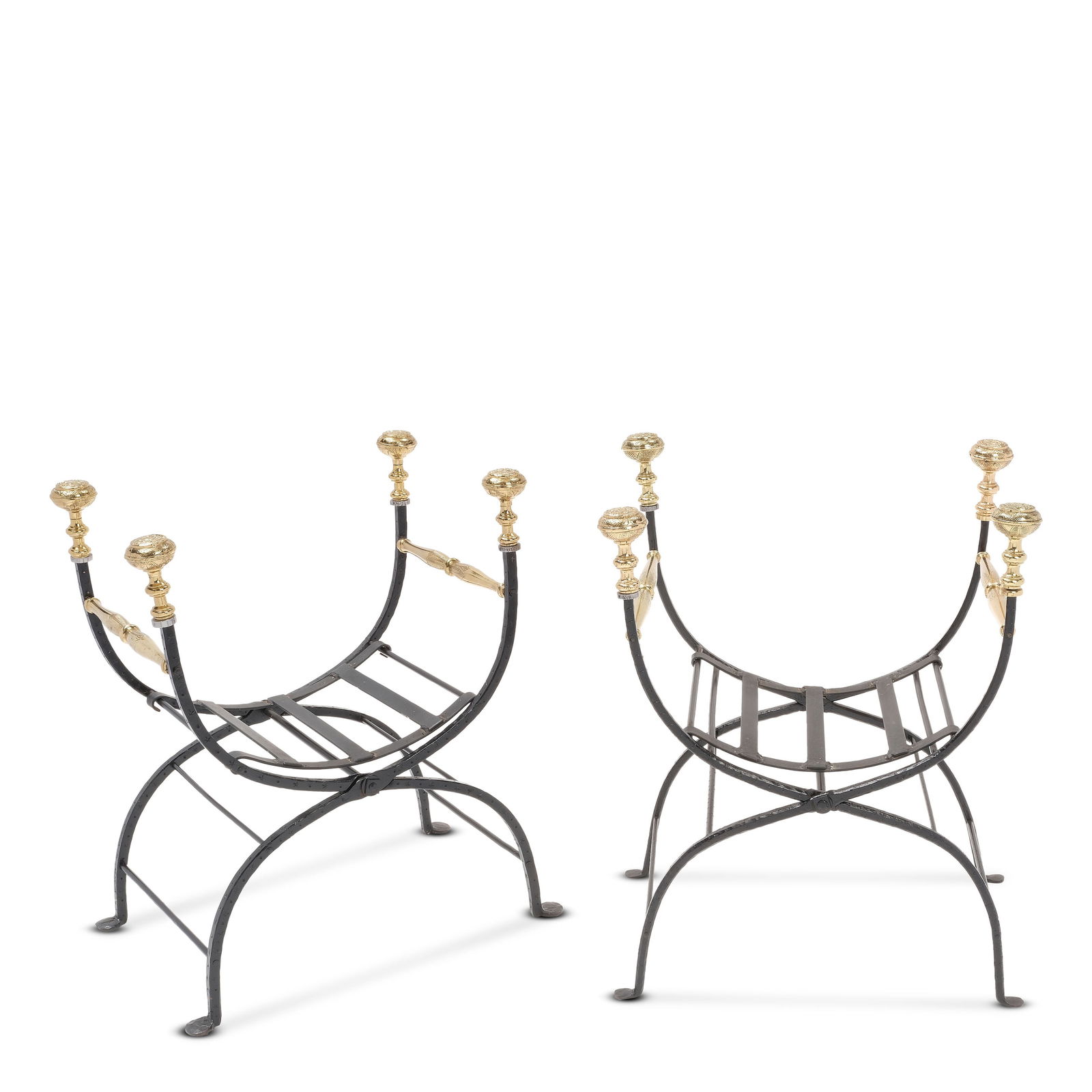 A PAIR OF PARCEL GILT WROUGHT IRON SAVONAROLA CHAIRS20th century: A PAIR OF PARCEL GILT WROUGHT IRON SAVONAROLA CHAIRS 20th century height 34in (86.3cm); width 21 1/2in (54.5cm); depth 27 1/2in (69.7cm) Footnotes: Condition reports are not provided in catalog descri