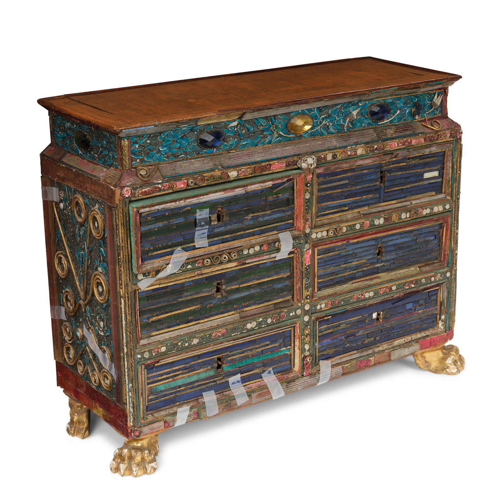 A FAUX GEMSTONE INLAID PARCEL GILT POLYCHROME CABINET20th century: A FAUX GEMSTONE INLAID PARCEL GILT POLYCHROME CABINET 20th century height 18in (45.8cm); width 23in (58.3cm); depth 8 3/4in (22.2cm) Footnotes: Condition reports are not provided in catalog descriptio