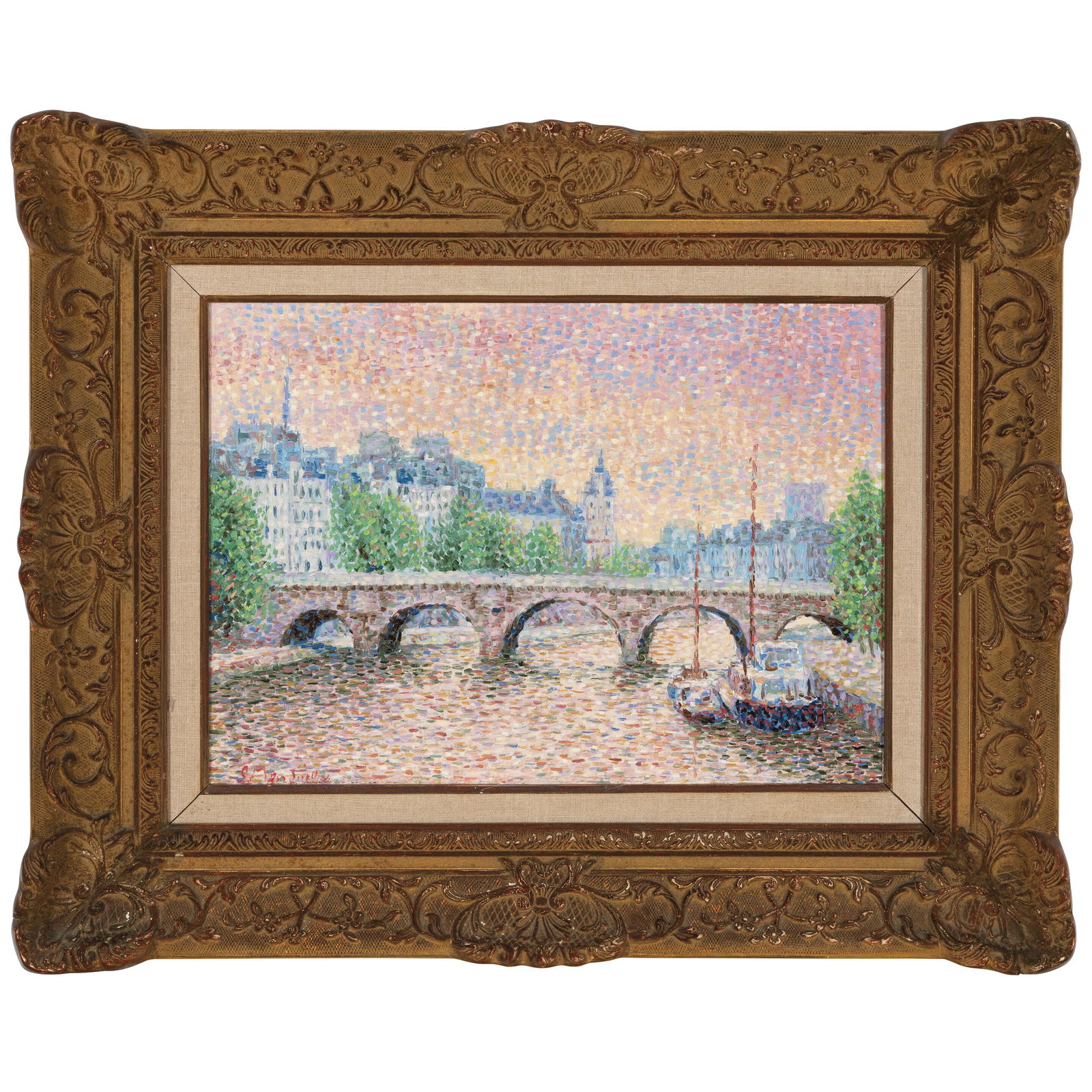 Serge Mendjisky (French, 1929-2017) A cityscape of a bridge over a river 13 x 18in (33 x 45.7cm)...: Serge Mendjisky (French, 1929-2017) A cityscape of a bridge over a river signed 'S. Mendjisky.' (lower right) oil on canvas 13 x 18in (33 x 45.7cm); framed 27 x 22in (68.6 x 55.9cm) Footnotes: Conditi