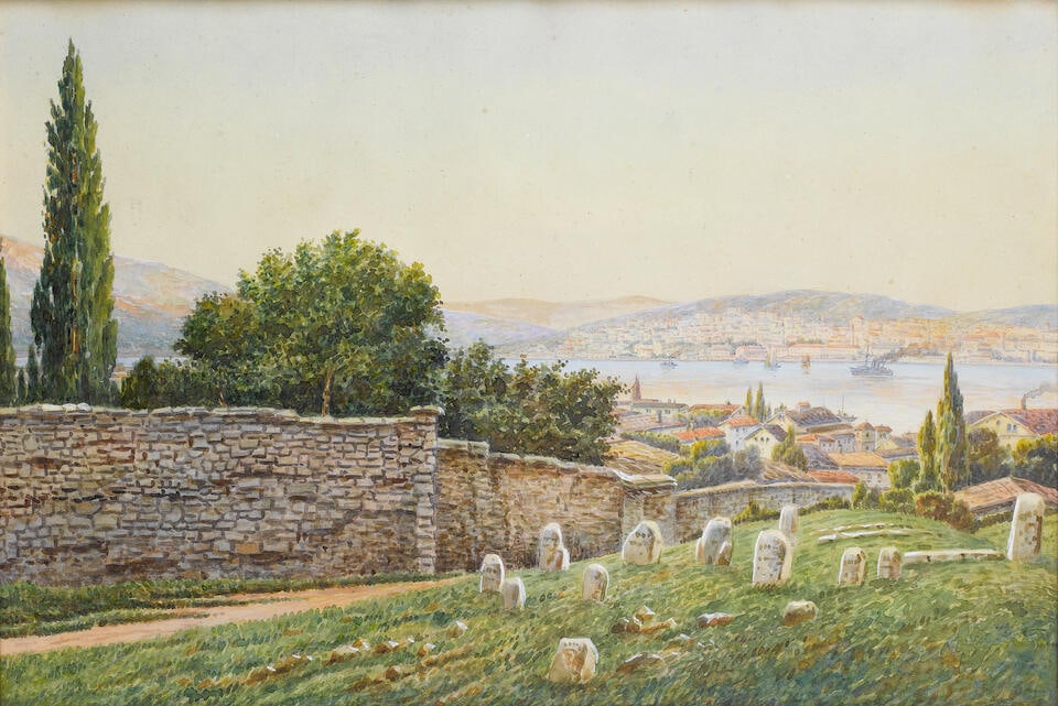 German School, early 20th Century The Golden Horn from Eyüp: German School, early 20th Century The Golden Horn from Eyüp indistinctly signed and inscribed 'A Pretti Am goldenen Horn' (lower right) watercolour 35.5 x 52cm (14 x 20 1/2in). Lot to be sold wit
