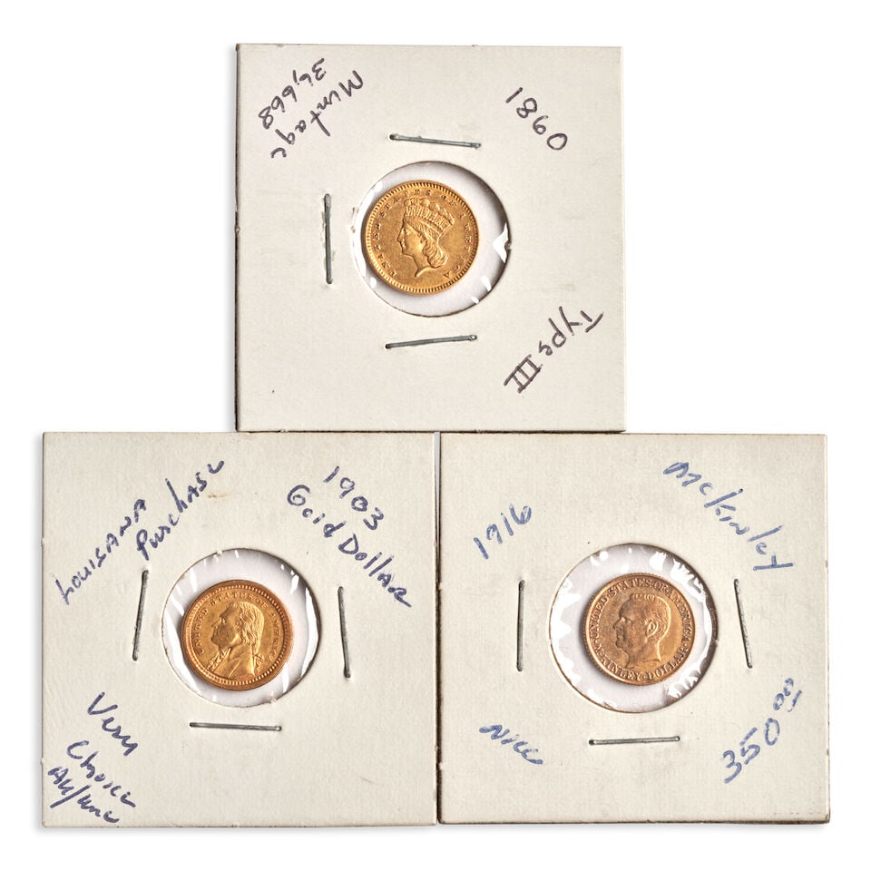 THREE UNITED STATES $1 GOLD COINS.: THREE UNITED STATES $1 GOLD COINS. Including: 1860 Indian Head (Type III). 1903 Thomas Jefferson Louisiana Purchase. 1916 McKinley Panama-Pacific. Ungraded, approx. XF/AU. For further information on