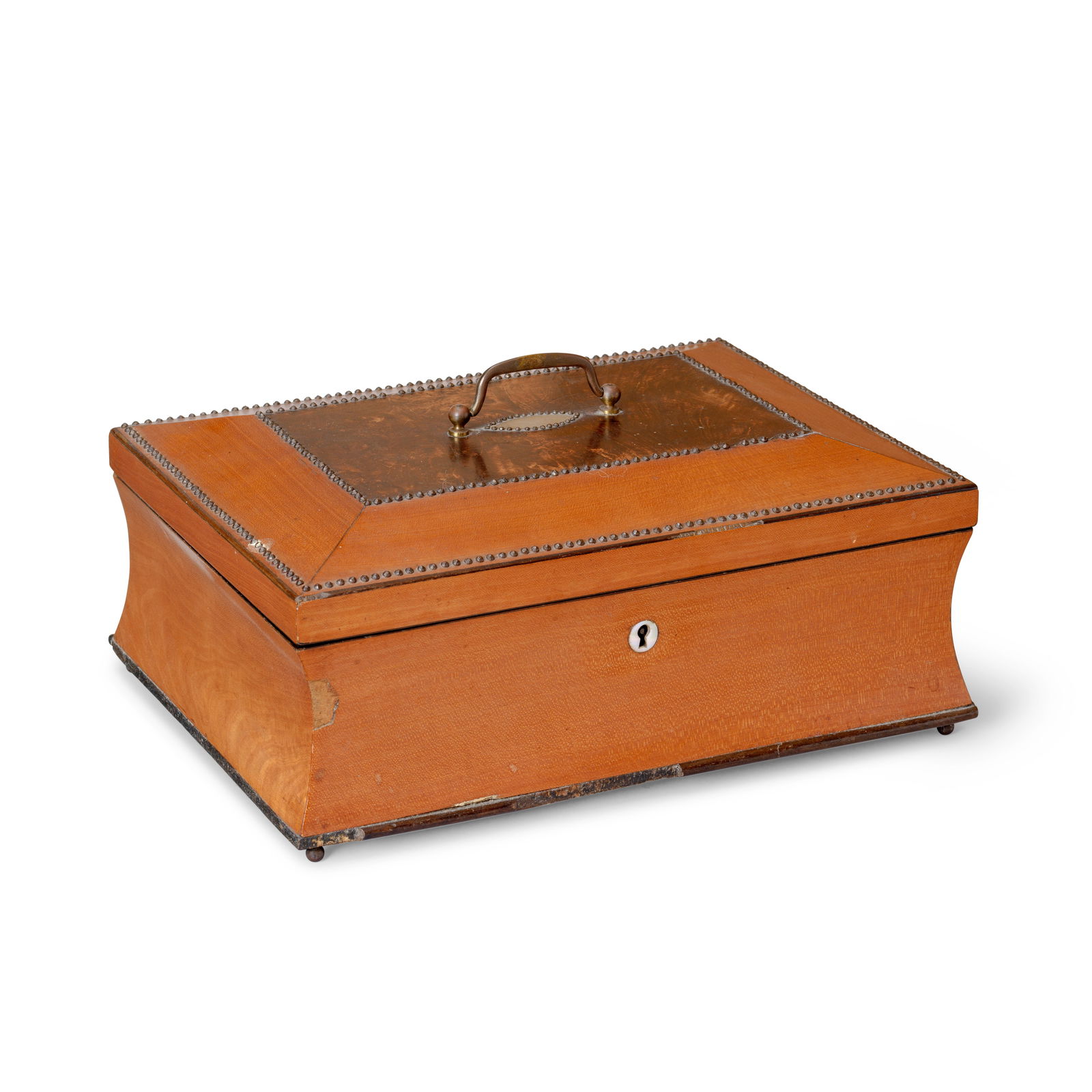 An early 19th century satin-birch, 'mulberry wood', ebonised and mother of pearl vanity and sewi...: An early 19th century satin-birch, 'mulberry wood', ebonised and mother of pearl vanity and sewing box The hinged lid with mirrored underside enclosing a fitted interior of French silver (indistinct m