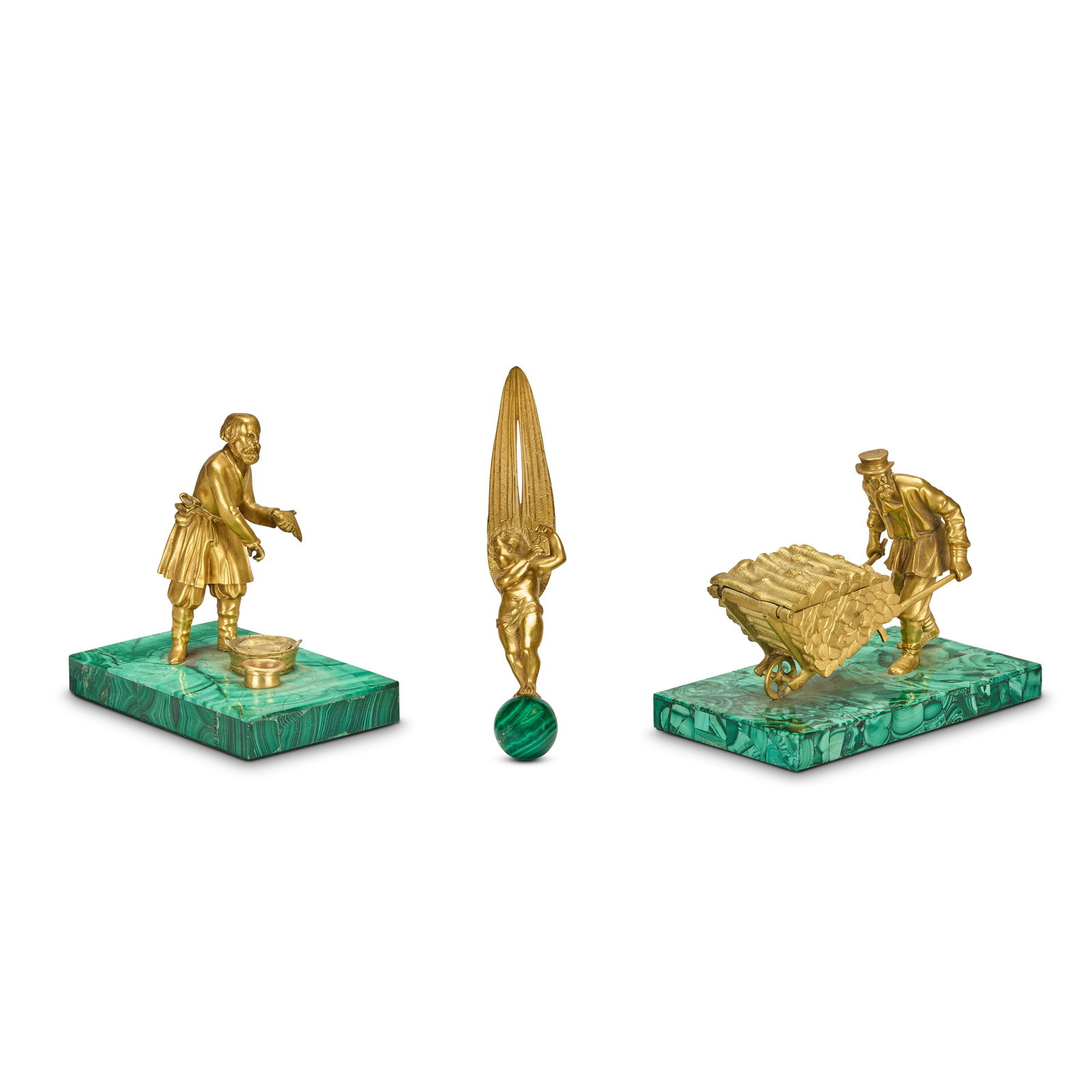 A pair of Russian 19th century gilt bronze figural groups mounted on malachite veneered plinth b...: A pair of Russian 19th century gilt bronze figural groups mounted on malachite veneered plinth bases One figure depicted as a fisherman, the other of a wood seller pushing a barrow of wood which has a