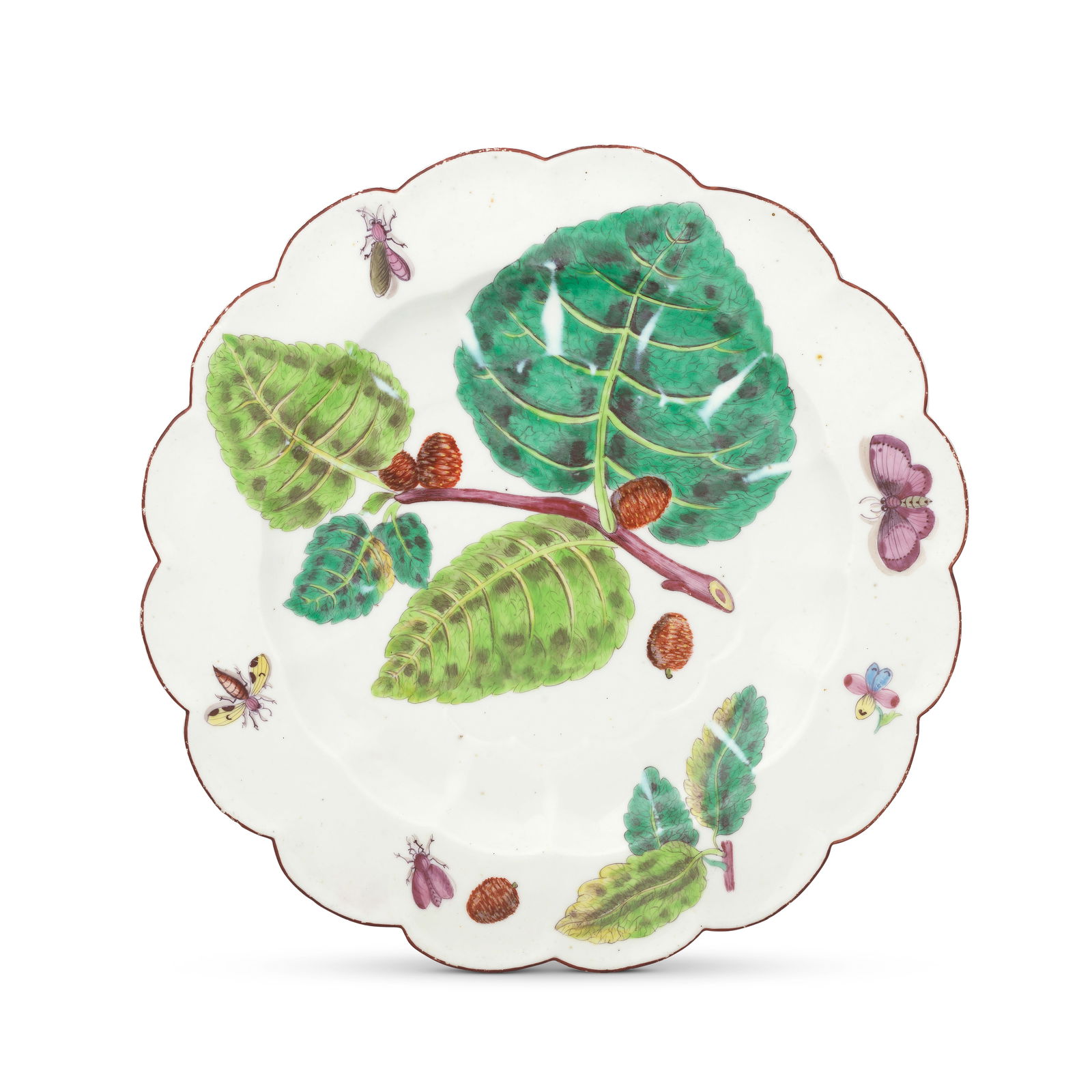 A Chelsea 'Hans Sloane' botanical plate, circa 1753-55: A Chelsea 'Hans Sloane' botanical plate, circa 1753-55 Of lobed circular shape, painted in characteristic style with a leafy mulberry branch bearing red fruit, a further leaf sprig, berry and a variet