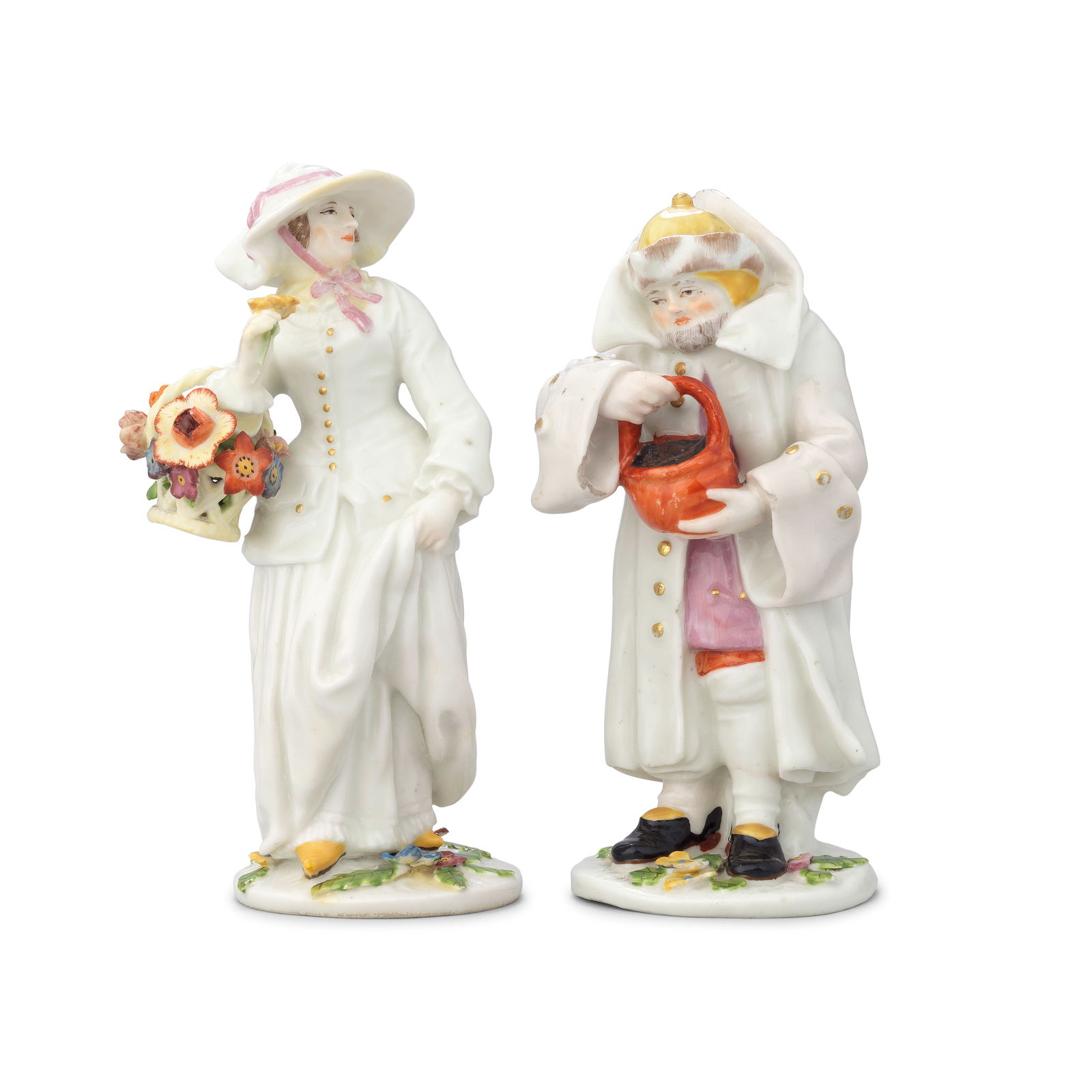 Two Chelsea figures emblematic of Spring and Winter, circa 1755: Two Chelsea figures emblematic of Spring and Winter, circa 1755 From a set of the Rustic Seasons, largely left in the white, Spring modelled as a young lady, pink ribbons to her broad-brimmed hat and