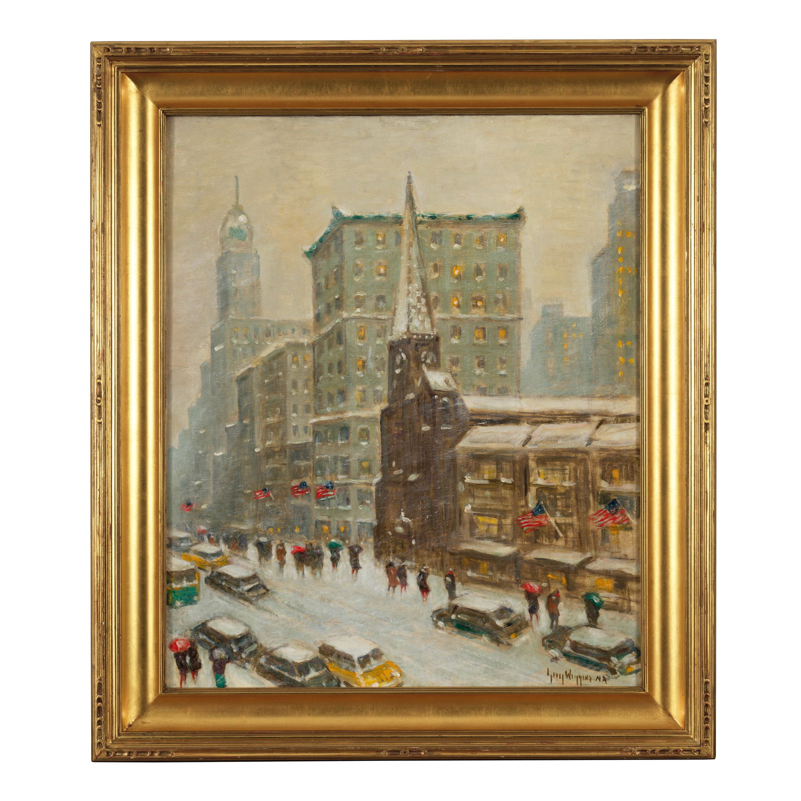 GUY CARLETON WIGGINS (1883-1962) Fifth Avenue 30 x 25 1/4 in. (76.2 x 64.1 cm.) (Painted circa 1...: GUY CARLETON WIGGINS (1883-1962) Fifth Avenue signed 'Guy Wiggins NA' (lower right) oil on canvas 30 x 25 1/4 in. (76.2 x 64.1 cm.) Painted circa 1938. Footnotes: Provenance Private collect