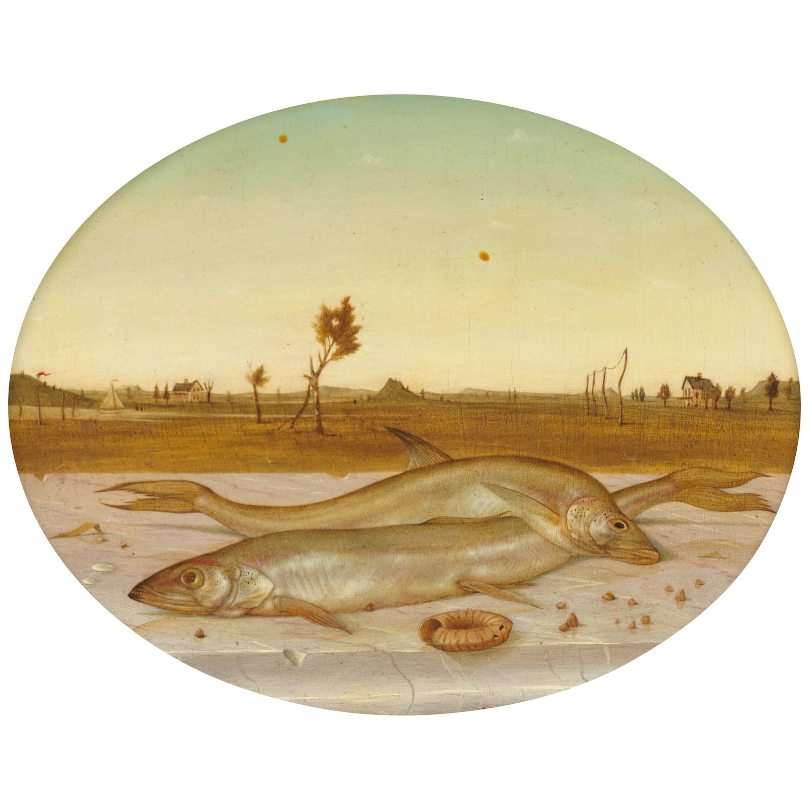 JOHN WILDE (1919-2006) Still-Life with Smelts 8 1/8 x 9 7/8 in. (20.6 x 25.1 cm.), oval (Painted...: JOHN WILDE (1919-2006) Still-Life with Smelts signed 'John Wilde' (on the reverse) and inscribed with title and dated '1952' (on the reverse) oil on board 8 1/8 x 9 7/8 in. (20.6 x 25.1 cm.), oval Pai