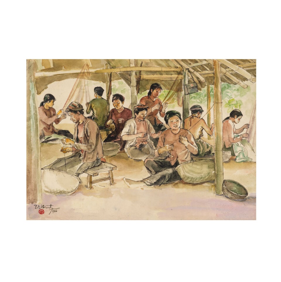 Ta Thuc Binh (Vietnamese, 1917-1998) L'attente sous la protection des fusils (1 of 3)