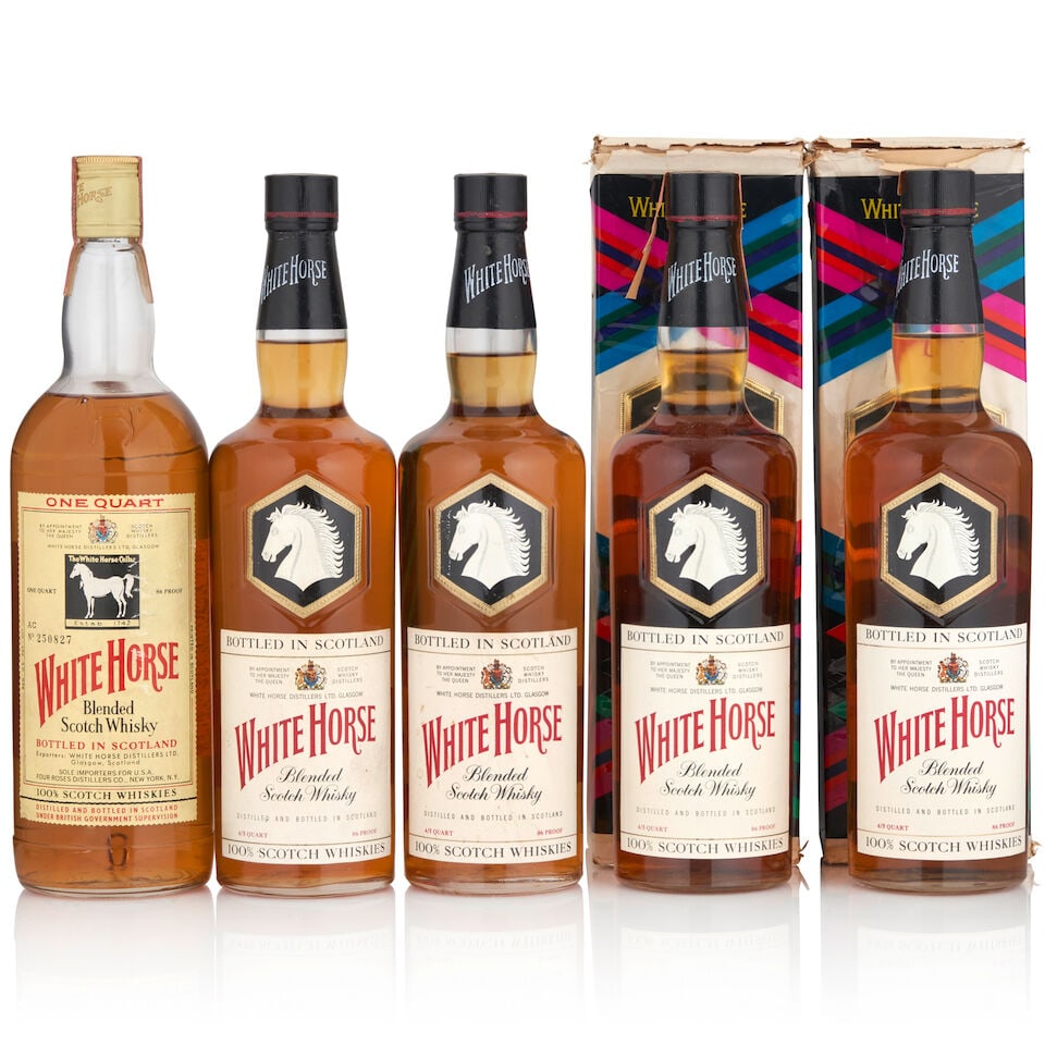 White Horse Blended Scotch (4 bottles, 4/5qt) White Horse Blended Scotch, c. 1970's (1 bottle, ...: White Horse Blended Scotch (4 bottles, 4/5qt) Region: Scotland Capsule: tax strips mostly missing on three, foil intact Packaging: two with original cartons Alcohol content: 43% Notes: official bottli