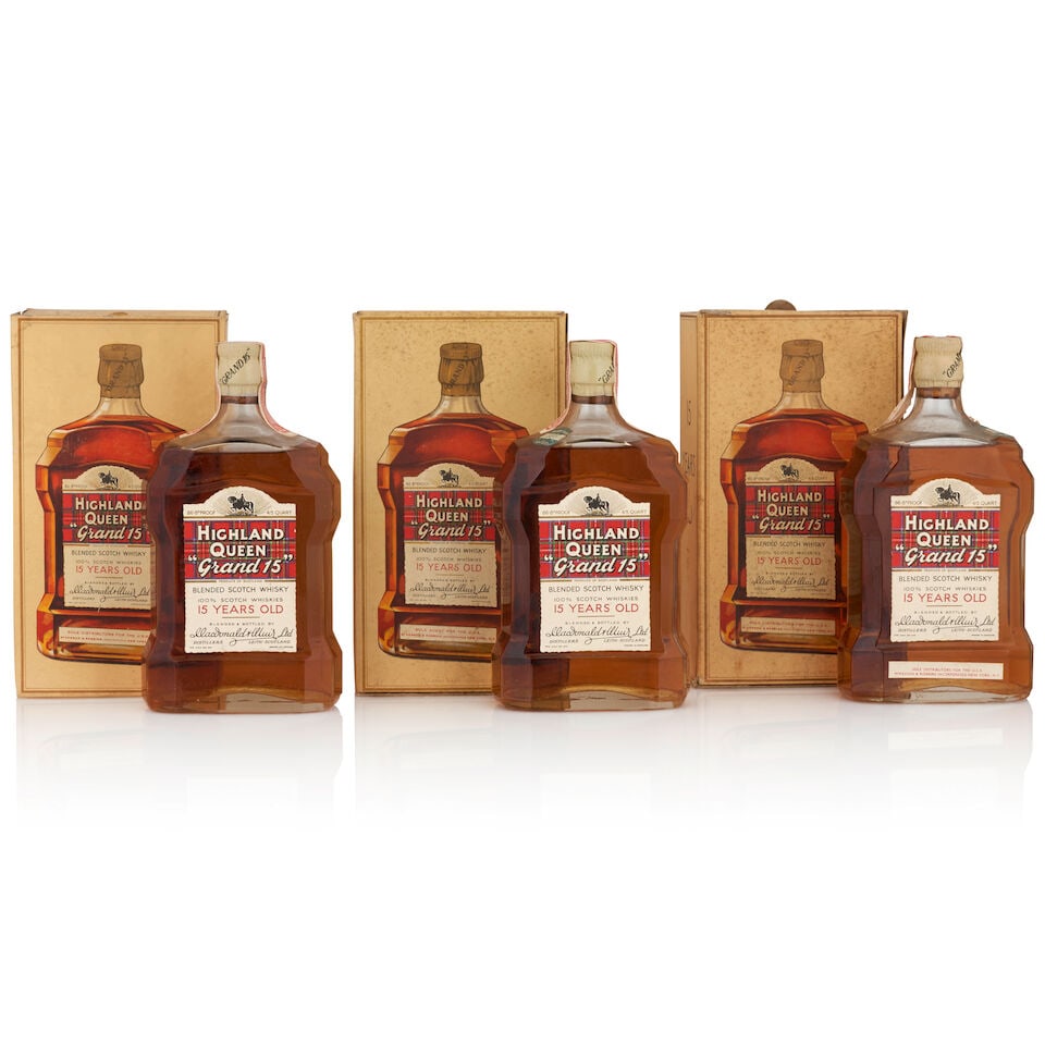 Highland Queen 'Grand 15' 15 Years Old (3 bottles, 4/5qt): Highland Queen 'Grand 15' 15 Years Old (3 bottles, 4/5qt) Region: Scotland Packaging: original cartons Alcohol content: 43% Notes: official bottling, c. 1940s Lot to be sold without reserve. This lot