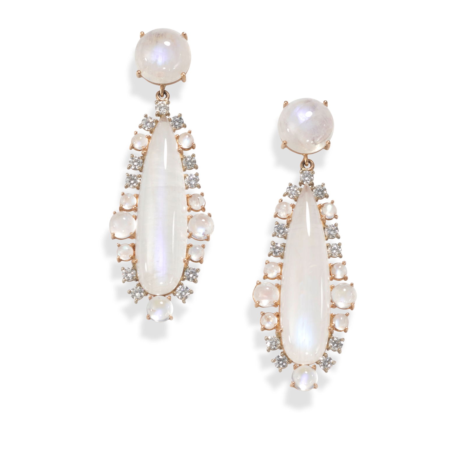 IRENE NEUWIRTH: A PAIR OF 18K ROSE GOLD, MOONSTONE AND DIAMOND EARRINGS: IRENE NEUWIRTH: A PAIR OF 18K ROSE GOLD, MOONSTONE AND DIAMOND EARRINGS Featuring round cabochon moonstones, suspending pendants of elongated pear-shaped cabochon moonstones within surrounds of round