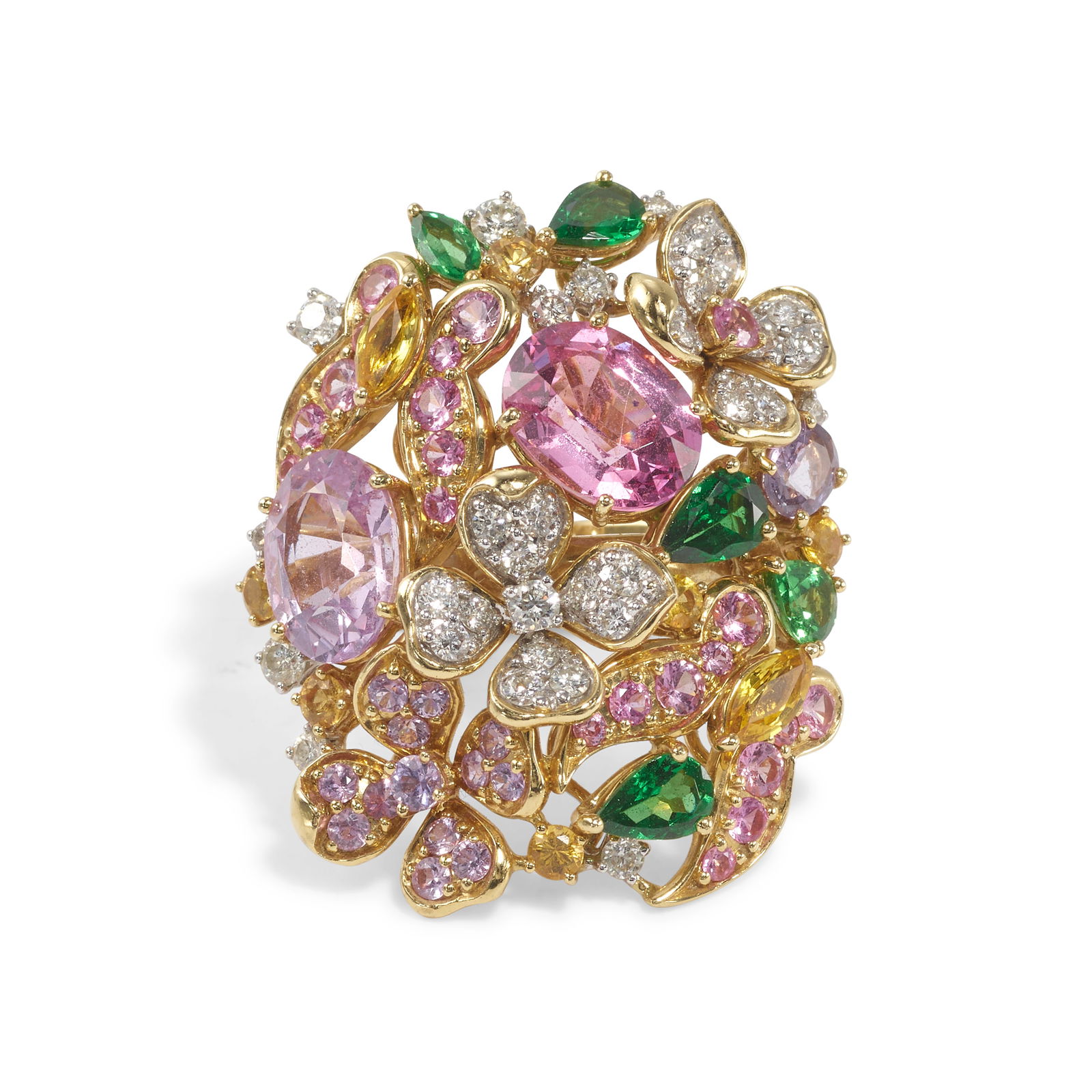 MARGOT MCKINNEY: AN 18K GOLD, SPINEL, DIAMOND AND GEM-SET RING: MARGOT MCKINNEY: AN 18K GOLD, SPINEL, DIAMOND AND GEM-SET RING Designed as a cluster of flowers and butterflies, set with oval and round pink and lilac spinels, pear-shaped tsavorite garnets, round an