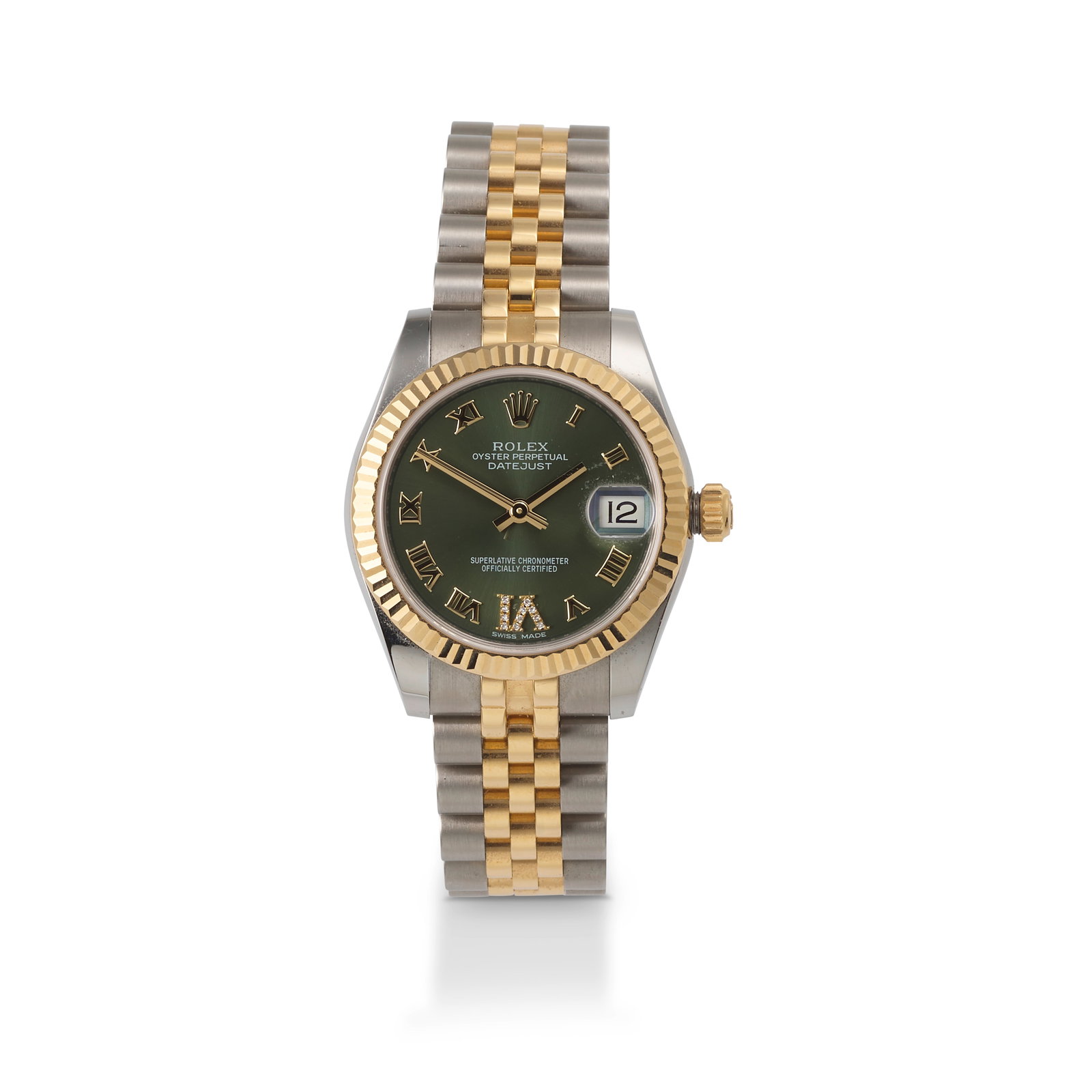 ROLEX: A STAINLESS STEEL, 18K GOLD AND DIAMOND 'DATEJUST' WRISTWATCH: ROLEX: A STAINLESS STEEL, 18K GOLD AND DIAMOND 'DATEJUST' WRISTWATCH Designed with an automatic movement, green dial with Roman numeral hour markers, the 'VI' accented with round diamonds, completed b