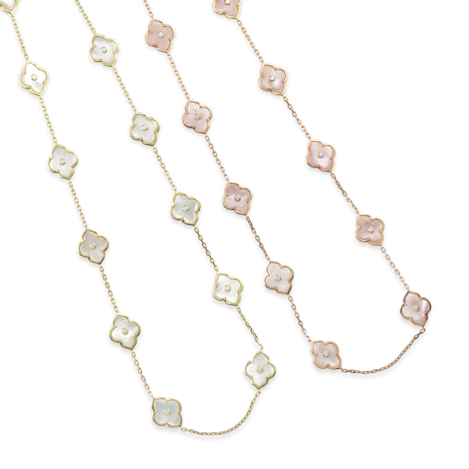 CHARLES KRYPELL: A SET OF 18K GOLD, MOTHER-OF-PEARL AND DIAMOND NECKLACES: CHARLES KRYPELL: A SET OF 18K GOLD, MOTHER-OF-PEARL AND DIAMOND NECKLACES One of yellow gold and one of rose gold, each comprising stations of mother-of-pearl with round diamond accents, along knife-e