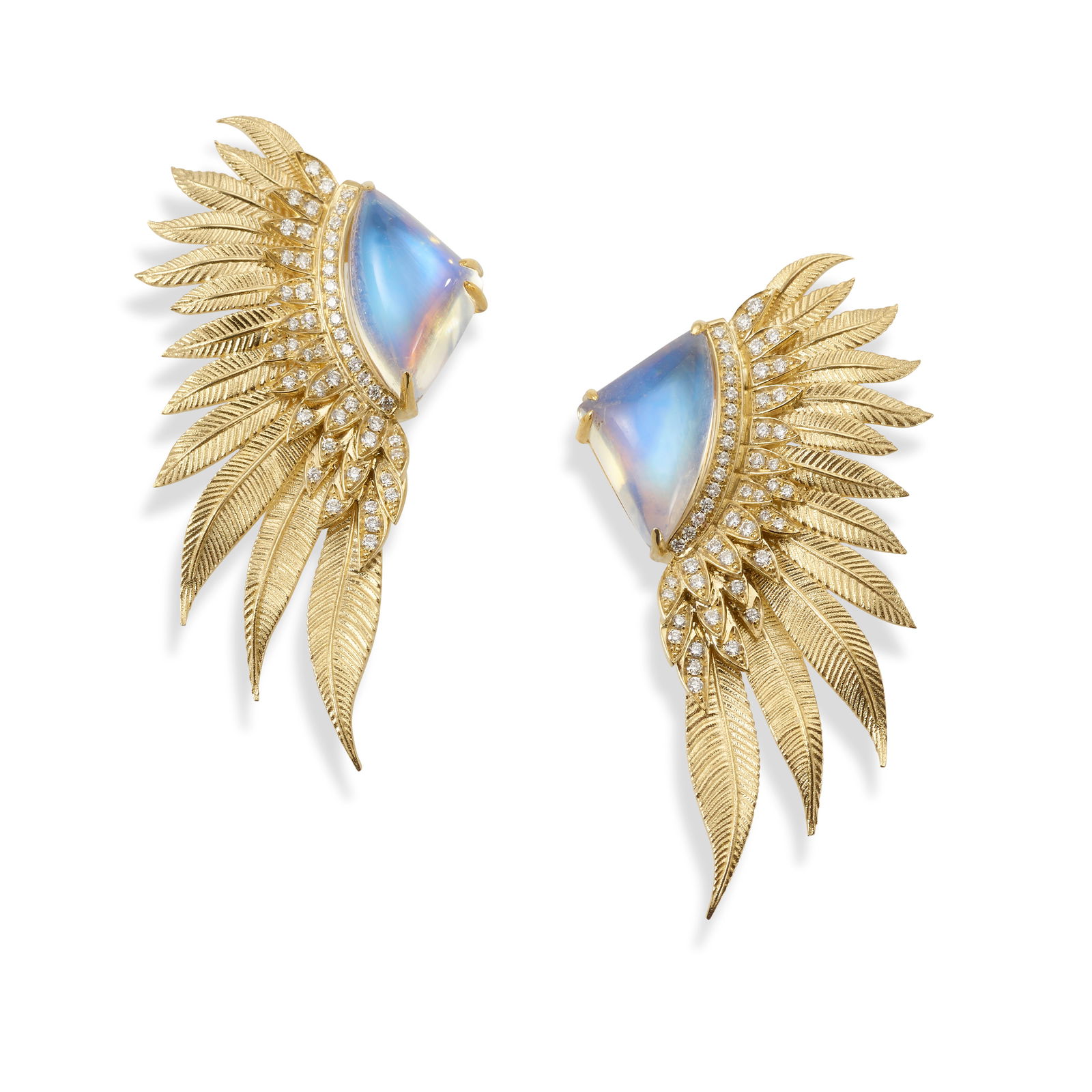 FEI LIU: A PAIR OF 18K GOLD, MOONSTONE AND DIAMOND 'KISS OF AN ANGEL' EARRINGS: FEI LIU: A PAIR OF 18K GOLD, MOONSTONE AND DIAMOND 'KISS OF AN ANGEL' EARRINGS Each designed as wings, set with triangular-shaped cabochon moonstones, accented with round diamonds, finished with textu