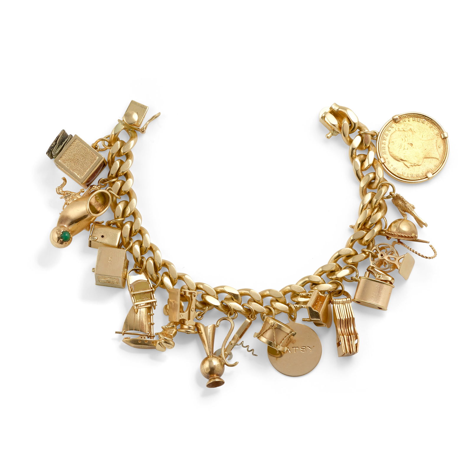 A GOLD CHARM BRACELET: A GOLD CHARM BRACELET A curb link chain bracelet, with charms of 9k, 10k, 12k, 14k and 18k gold of various designs, also including an 1884 Queen Victoria 'Young Head' 22k gold Sovereign coin charm, l