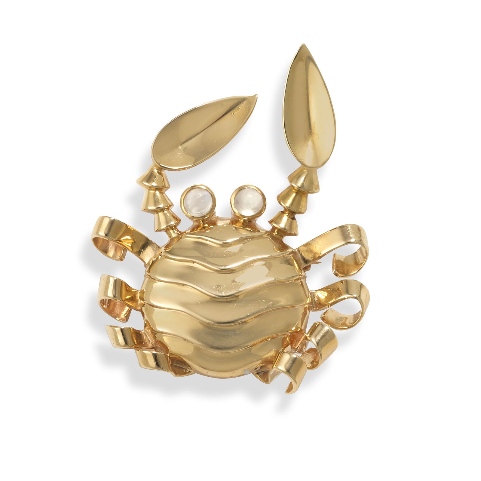 TRABERT & HOEFFER-MAUBOUSSIN: A 14K GOLD AND MOONSTONE 'CANCER' BROOCH, CIRCA 1935: TRABERT & HOEFFER-MAUBOUSSIN: A 14K GOLD AND MOONSTONE 'CANCER' BROOCH, CIRCA 1935 Designed as a whimsical crab, set with round cabochon moonstone eyes, signed Trabert & Hoeffer-Mauboussin, measures 2