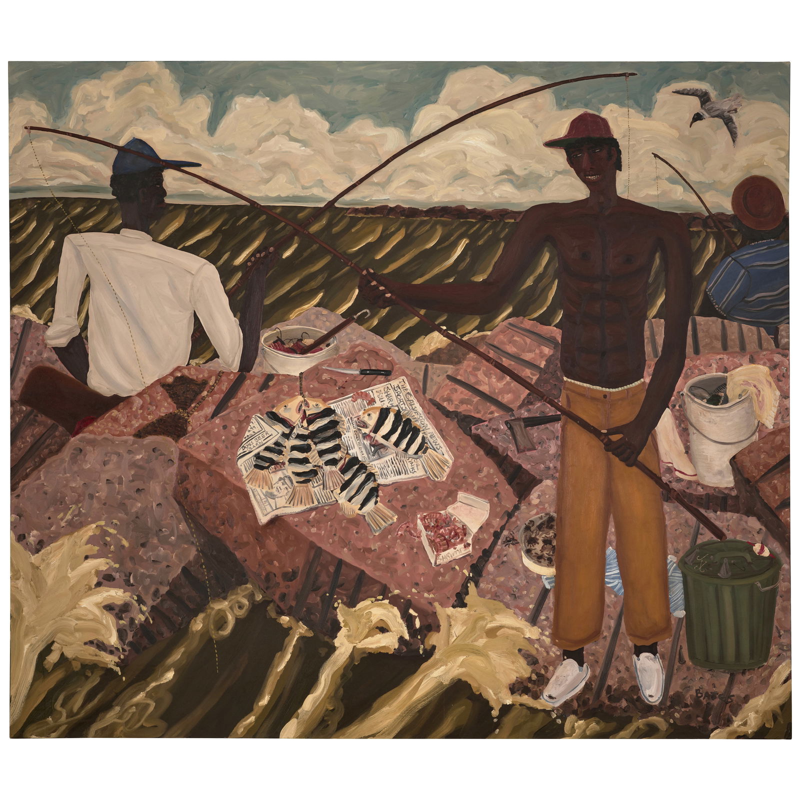 DAVID BATES (B. 1952) Jetty Fishing 77 7/8 x 89 1/2 in (197.8 x 227.3 cm) (Painted in 1982): DAVID BATES (B. 1952) Jetty Fishing signed 'Bates' (lower right) oil on canvas 77 7/8 x 89 1/2 in (197.8 x 227.3 cm) Painted in 1982 Footnotes: Provenance John Berggruen Gallery, San Franci