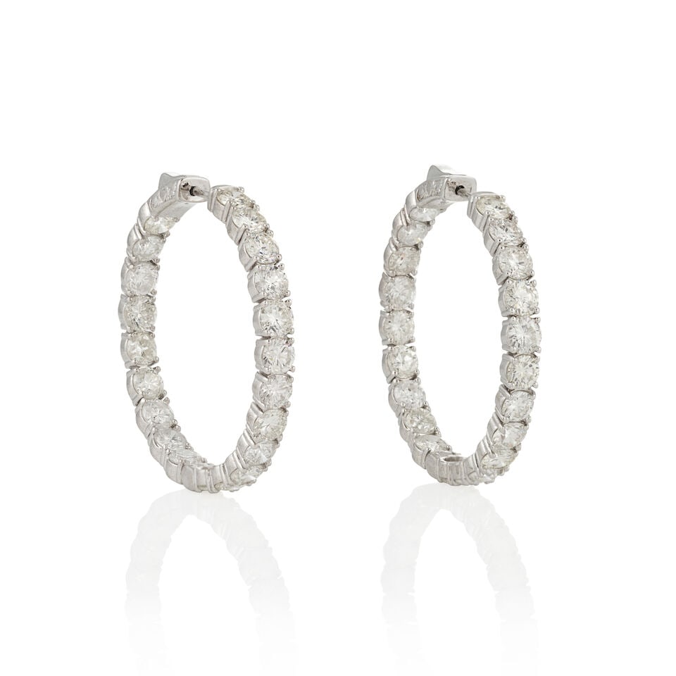 A PAIR OF 14K WHITE GOLD AND DIAMOND HOOP EARRINGS (1 of 3)
