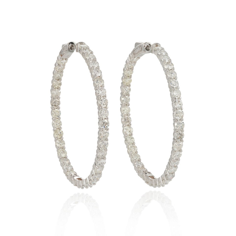 A PAIR OF 14K WHITE GOLD AND DIAMOND HOOP EARRINGS (1 of 3)
