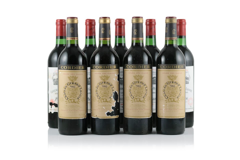 Château Grand Puy Lacoste, 1983 (5 x 750ml) Château Gruaud Larose, 1983 (4 x 750ml): Château Grand Puy Lacoste, 1983 (5 x 750ml) Region: Pauillac Label: bin-soiled & damp-stained labels - 4 creased & nicked, 1 torn & incomplete Château Gruaud Larose, 1983 (4 x 750ml) Region: