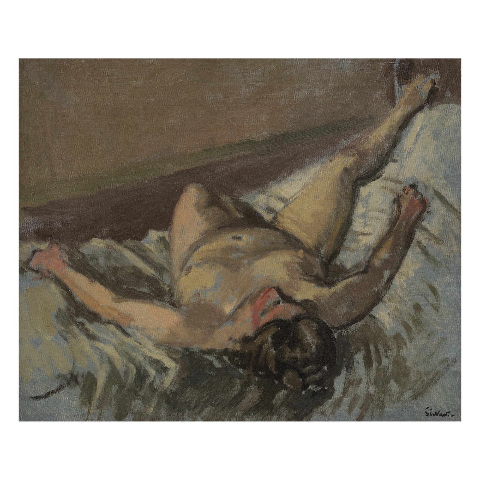 Walter Richard Sickert A.R.A. (British, 1860-1942) Nude Lying Across a Bed 37.6 x 45.7 cm. (14 3...: Walter Richard Sickert A.R.A. (British, 1860-1942) Nude Lying Across a Bed signed 'Sickert.' (lower right) oil on canvas 37.6 x 45.7 cm. (14 3/4 x 18 in.) Painted circa 1904-5 Footnotes: Provenance