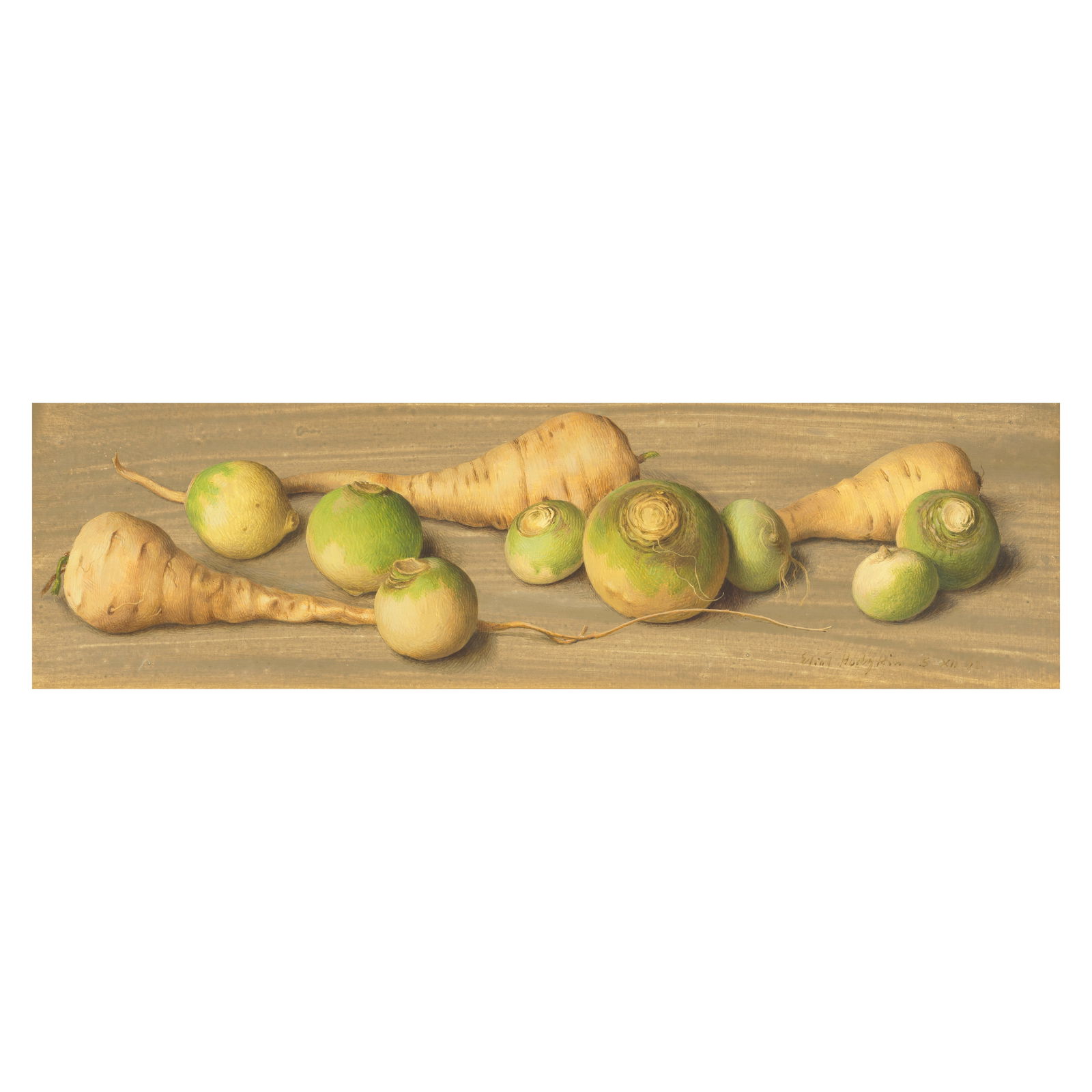 Eliot Hodgkin (British, 1905-1987) Parsnips and turnips 14.5 x 48 cm. (5 3/4 x 18 7/8 in.): Eliot Hodgkin (British, 1905-1987) Parsnips and turnips signed and dated 'Eliot Hodgkin 5 XII 62' (lower right) tempera on board 14.5 x 48 cm. (5 3/4 x 18 7/8 in.) Footnotes: Provenance With The Reid