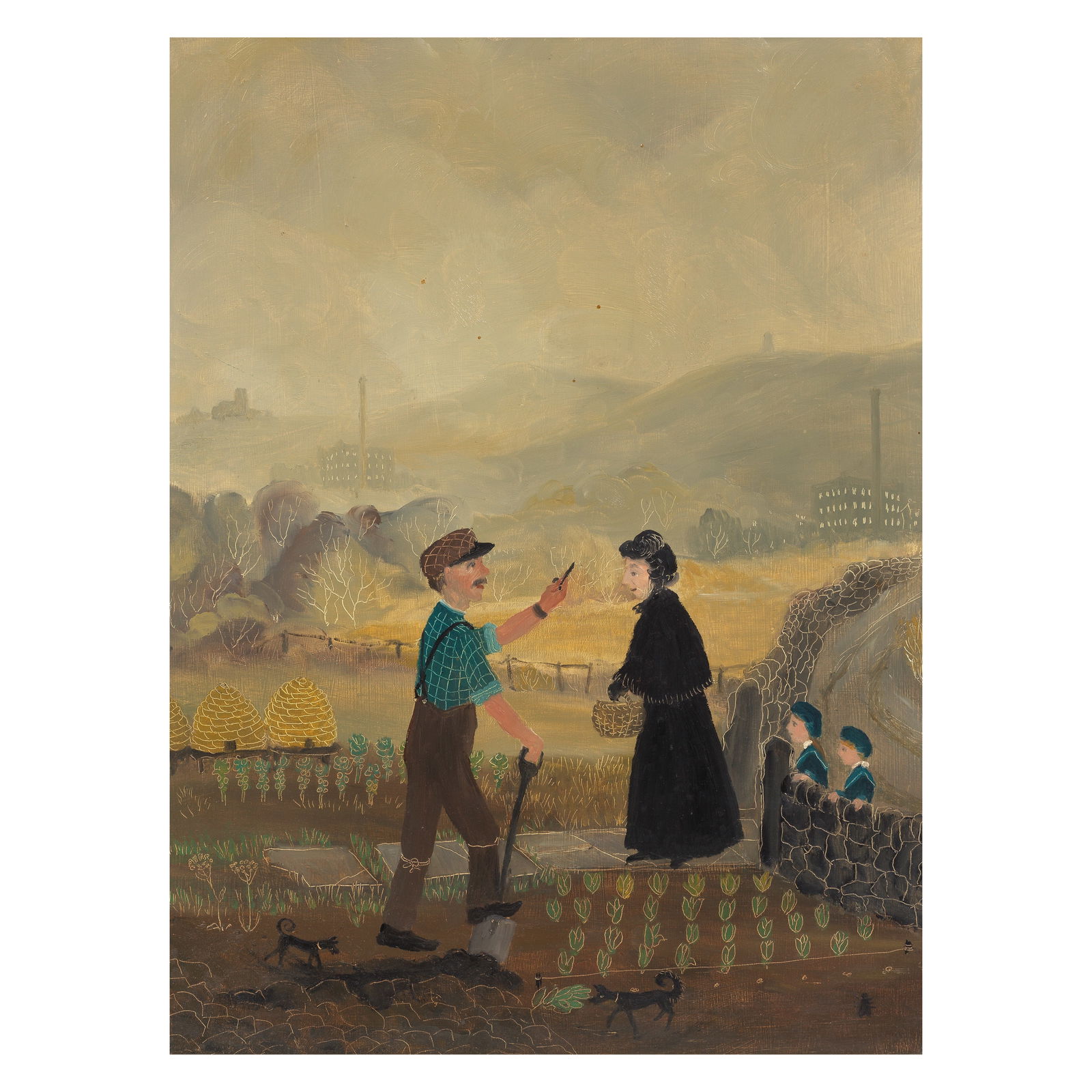 Helen Bradley (British, 1900-1979) Mother, George and I go to David Bromley's garden 40.3 x 30.2...: Helen Bradley (British, 1900-1979) Mother, George and I go to David Bromley's garden signed with fly insignia (lower right); further signed and inscribed 'George & I and Grandma (+ Gyp + Barney) have/