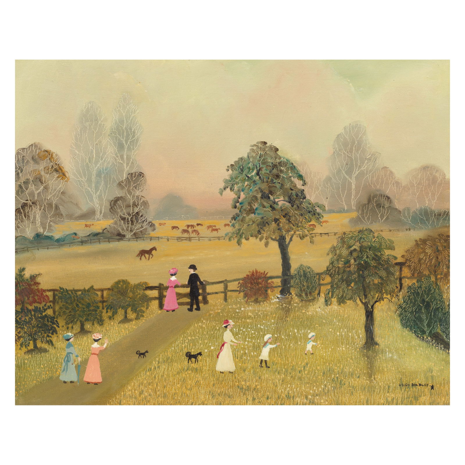 Helen Bradley (British, 1900-1979) I'm Not Going Past That Horse 40.7 x 50.6 cm. (16 x 19 7/8 in.): Helen Bradley (British, 1900-1979) I'm Not Going Past That Horse signed 'HELEN BRADLEY' and with fly insignia (lower right); inscribed ''I'm not going past that horse', said Miss/Carter (who wore Pink