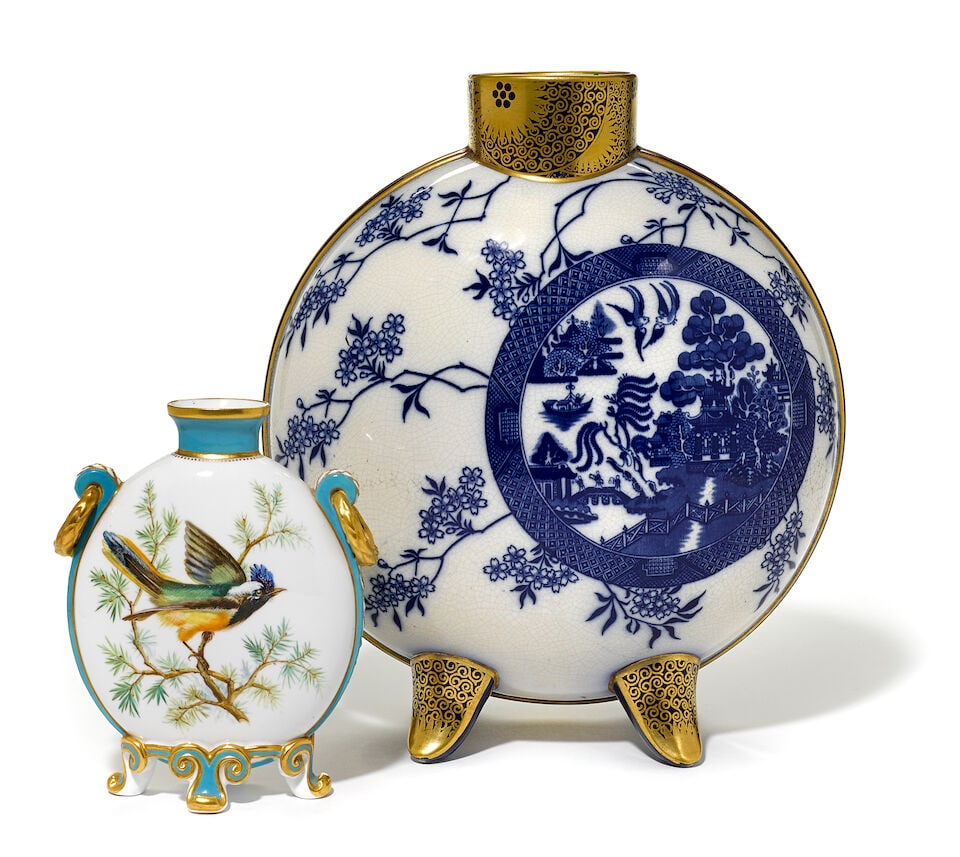 Two English ceramic moon flasks: Two English ceramic moon flasks One with black printed factory mark. height of tallest 13 3/4in Lot to be sold without reserve. This lot is subject to the following lot symbols: ¤ Bonhams or one