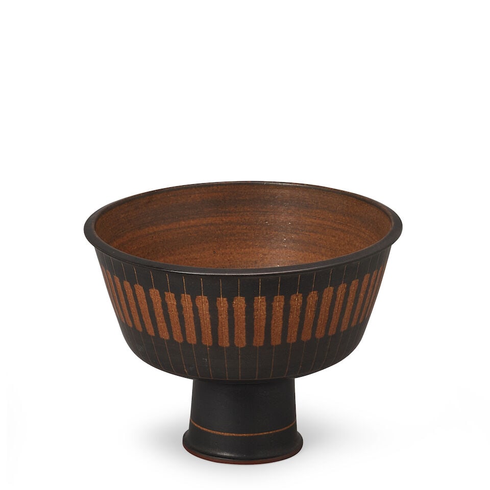 HARRISON MCINTOSH (1914-2016) Striped Compoteglazed stoneware, with stamped artist's chop mark a...: HARRISON MCINTOSH (1914-2016) Striped Compote glazed stoneware, with stamped artist's chop mark and studio sticker on underside height 7 1/4in (18.5cm); diameter 9 3/4in (25cm) Footnotes: PROVENANCE T