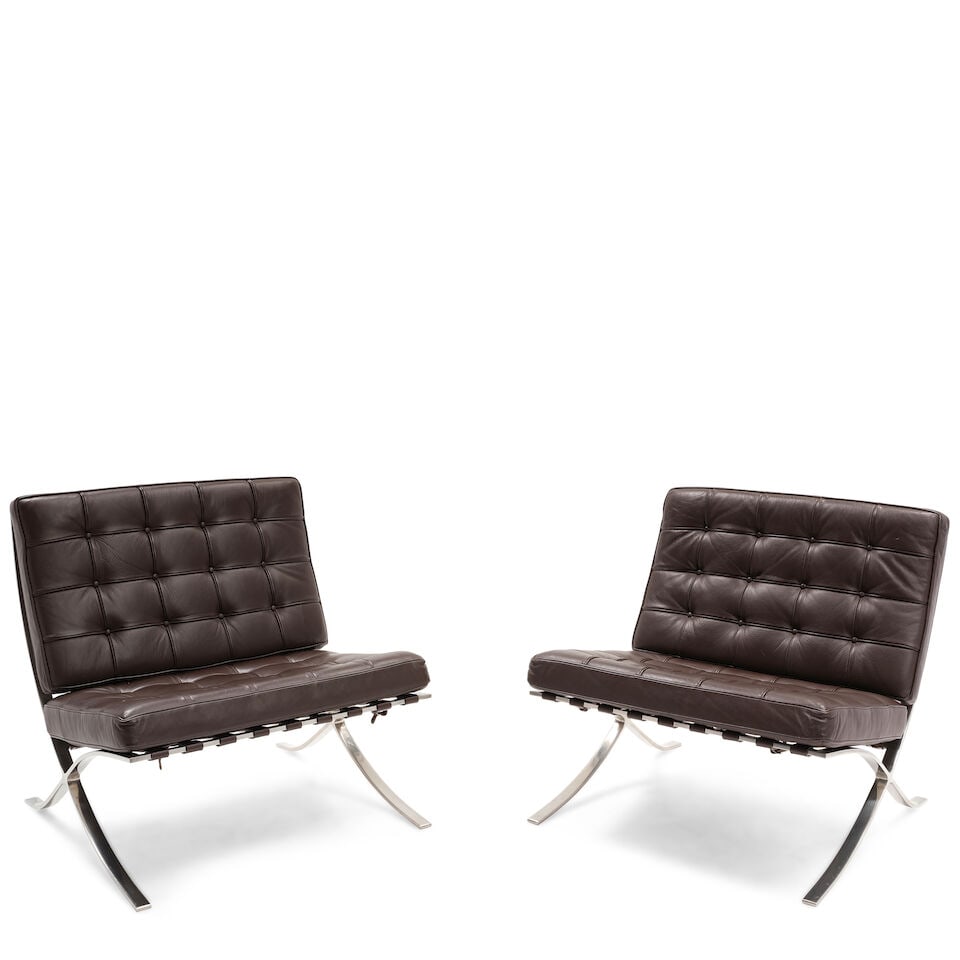 STYLE OF LUDWIG MIES VAN DER ROHE (1886-1969) Pair of Barcelona Style Chairs grained chocolate l... (1 of 4)