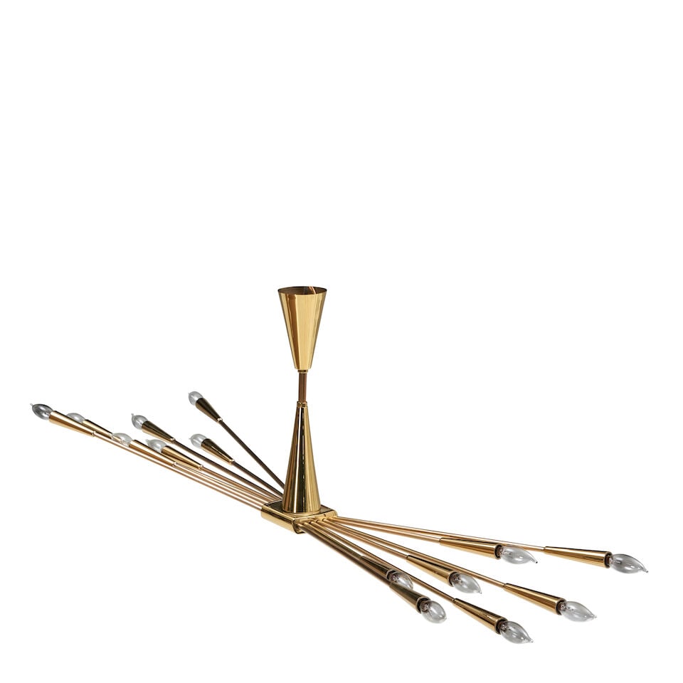 OSCAR TORLASCO (1934-2004) Ceiling Lightcirca 1955for Lumi, lacquered brass, with fourteen cande...: OSCAR TORLASCO (1934-2004) Ceiling Light circa 1955 for Lumi, lacquered brass, with fourteen candelabra sockets adjustable height as shown 15in (38cm); length 49in (125.5cm); width 13in (33cm) Lot to