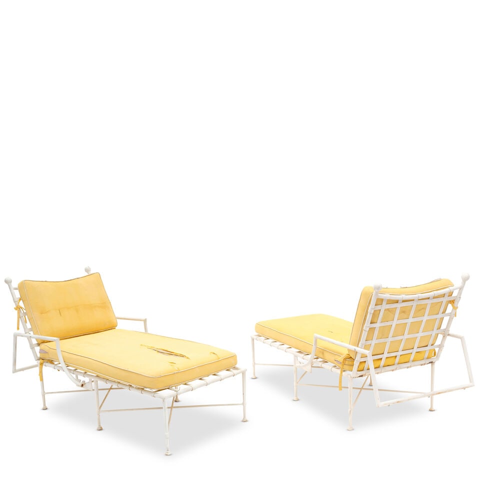 ATTRIBUTED TO MARIO PAPPERZINI (ACTIVE 20TH CENTURY) Pair of Chaise Loungescirca 1960spainted wr...: ATTRIBUTED TO MARIO PAPPERZINI (ACTIVE 20TH CENTURY) Pair of Chaise Lounges circa 1960s painted wrought iron, upholstered cushions height of each 38 1/2in (97.8cm); length 66 1/2in (168.9cm); width 30