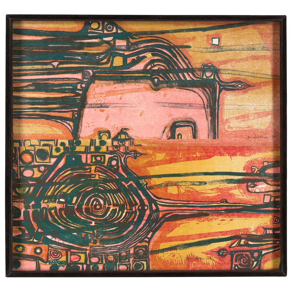 Friedensreich Hundertwasser (1928-2000); The Flight Of The Dalai Lama;: Friedensreich Hundertwasser (1928-2000) The Flight Of The Dalai Lama (Koschatzky 15b), 1959 Lithograph in colors on two sheets of wove paper (as issued) taped along the sheet edges verso, signed in in