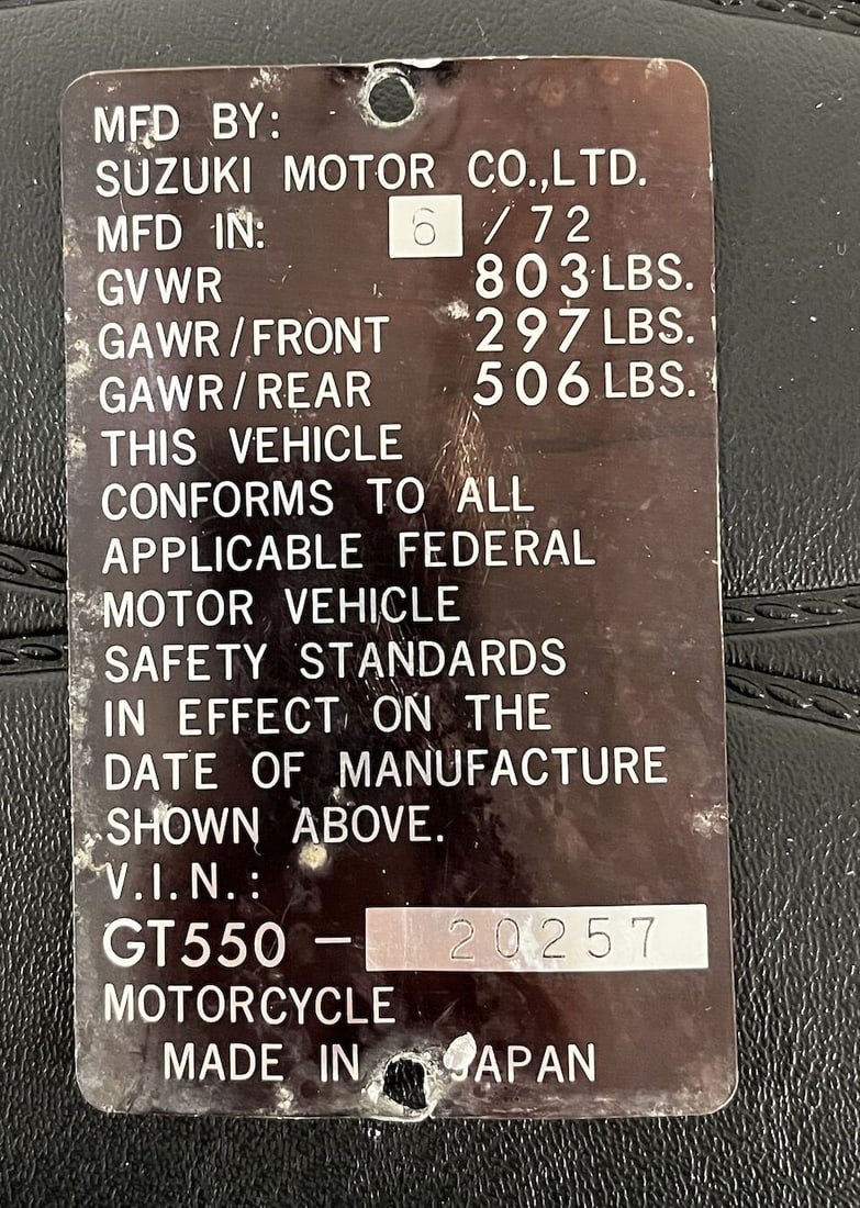 1972 Suzuki 543cc GT550J Frame no. GT550 20257 (see text) Engine no. GT550 21478 - 6