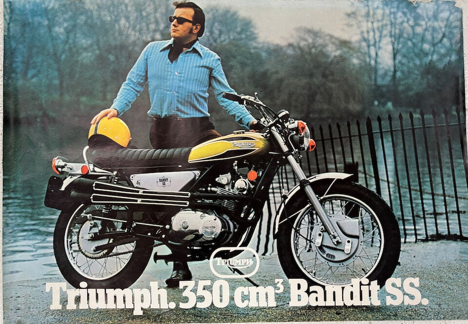 A selection of posters ((8)): A selection of posters including a Triumph Bandit (French) poster (with foxing and loss to the top of the poster 60cm x 74cm); a BSA 'Leave it to your BSA' (77cm x 52cm); AJS Stormer Stamina (mounted
