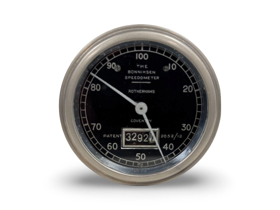 A c.1925 Bonniksen 100mph speedometer by Rotherhams of Coventry: A c.1925 Bonniksen 100mph speedometer by Rotherhams of Coventry with rare black face, patent number 2052/12, numbered C7852 to the back, refurbished by Steve Knight (The Bonniksen Boy) in 2009 and not