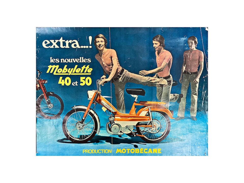 A 1970s Motobécane 'Mobylette 40 et 50' Advertising Poster,: A 1970s Motobécane 'Mobylette 40 et 50' Advertising Poster, a French promotional poster advertising the Mobylette 40 and 50 models by Motobécane, featuring a studio image of a rider demonstr