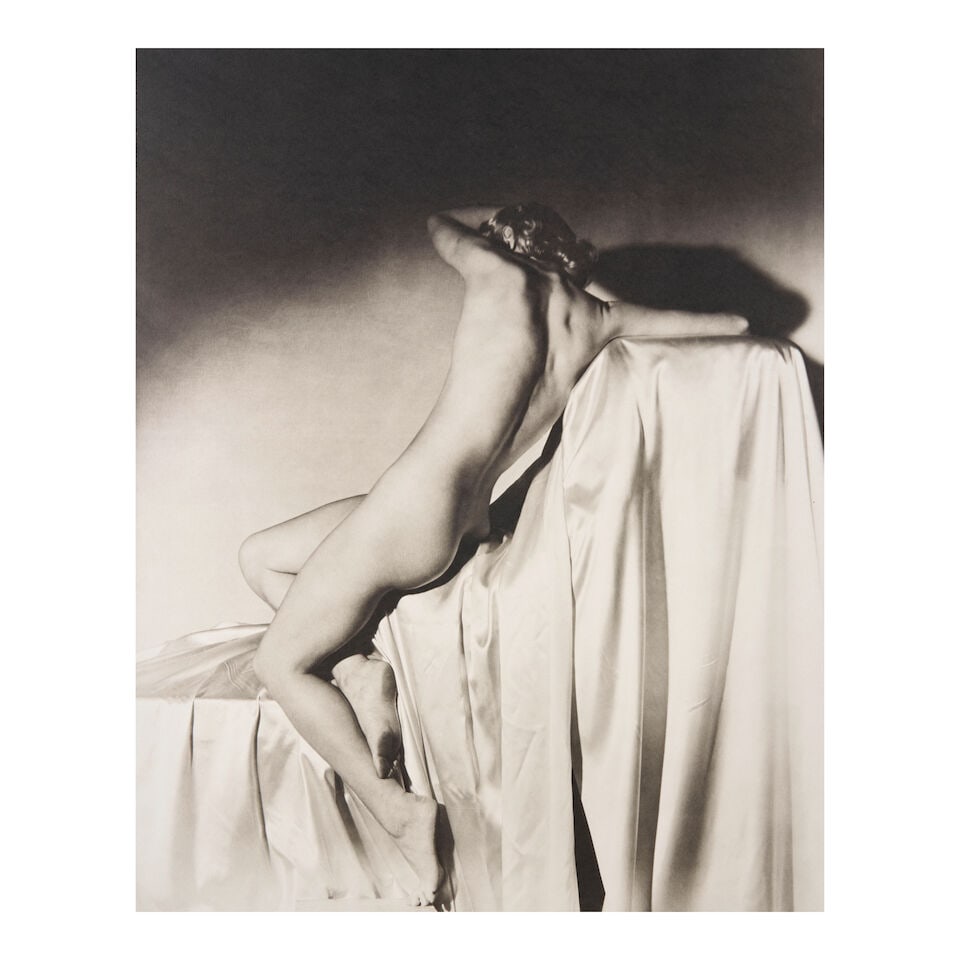 Horst P. Horst (1906-1999); Lisa on Silk III;: Horst P. Horst (1906-1999) Lisa on Silk III, 1940 Platinum palladium print; signed 'Horst' in pencil on the verso, with Horst dry stamp lower right, titled in pencil on the verso. 18 1/8 x 14 5/8 in.