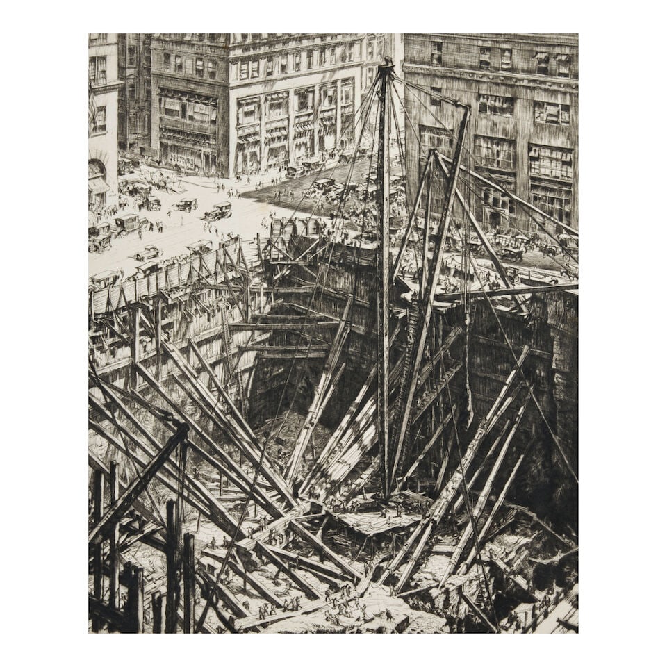 Muirhead Bone (British, 1876-1953); Manhattan Excavation;: Muirhead Bone (British, 1876-1953) Manhattan Excavation (Dodgson 390), 1923-28 Drypoint on wove paper, signed in pencil, from a total edition of 151 proofs, with margins, laid down along sheet edges,