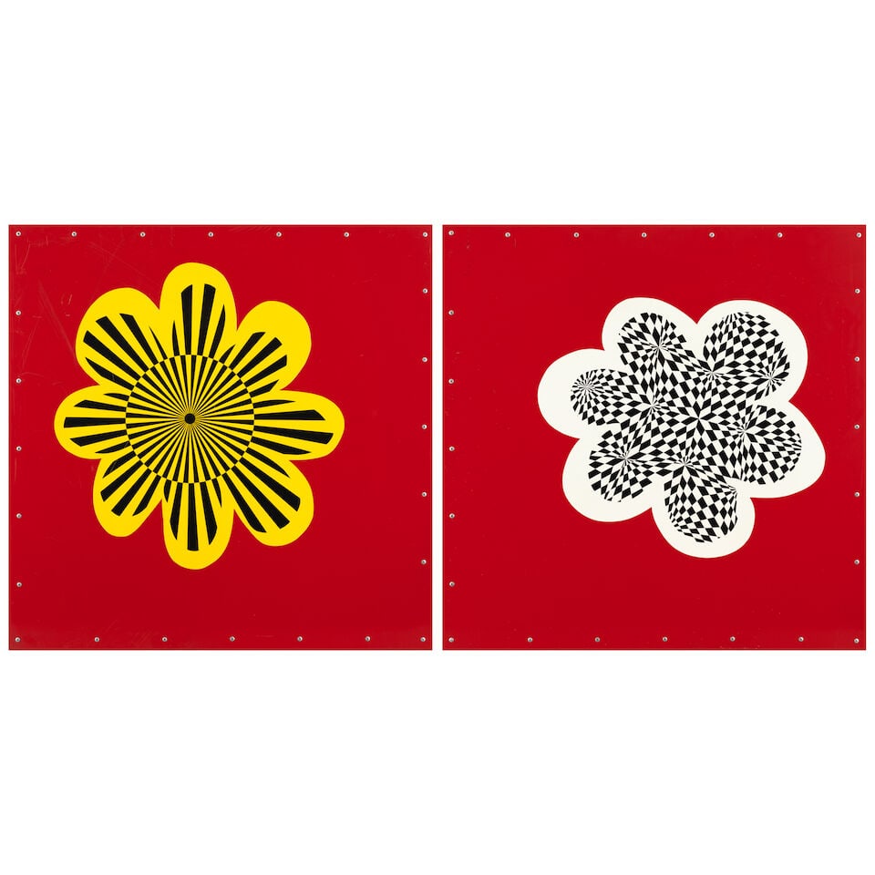 Ronnie Cutrone (1948-2013); 80's Flowers (2 works);: Ronnie Cutrone (1948-2013) 80's Flowers (2 works), 1088 Two screenprints in colors on metal, each signed in black felt-tip pen on the reverse, titled and dated, each the full sheet. (2 works) each 36